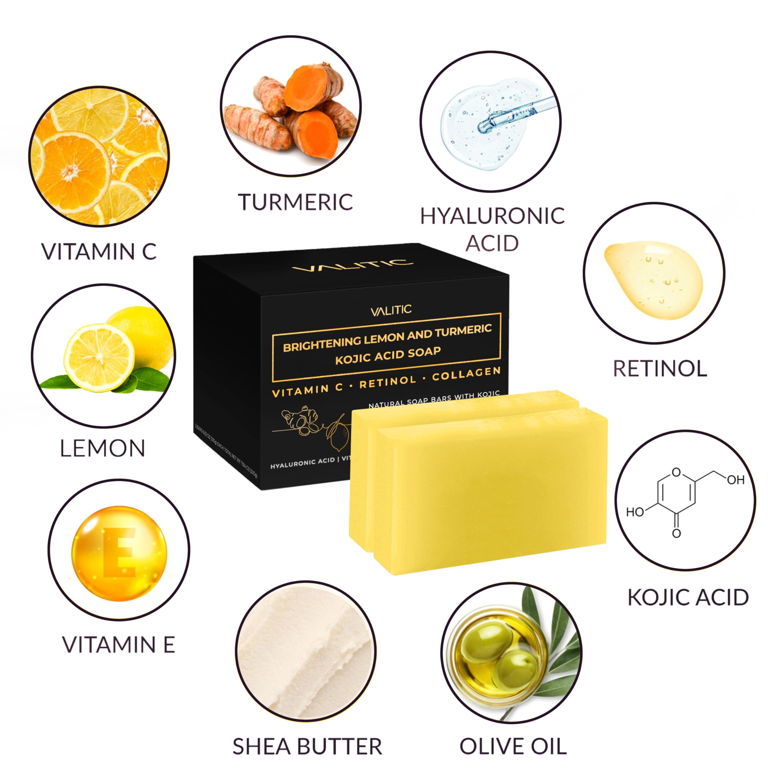 Valitic Brightening Lemon & Turmeric Kojic Acid Soap With Vitamin C, Retinol, Collagen - Original Japanese Complex - With Hyalur
