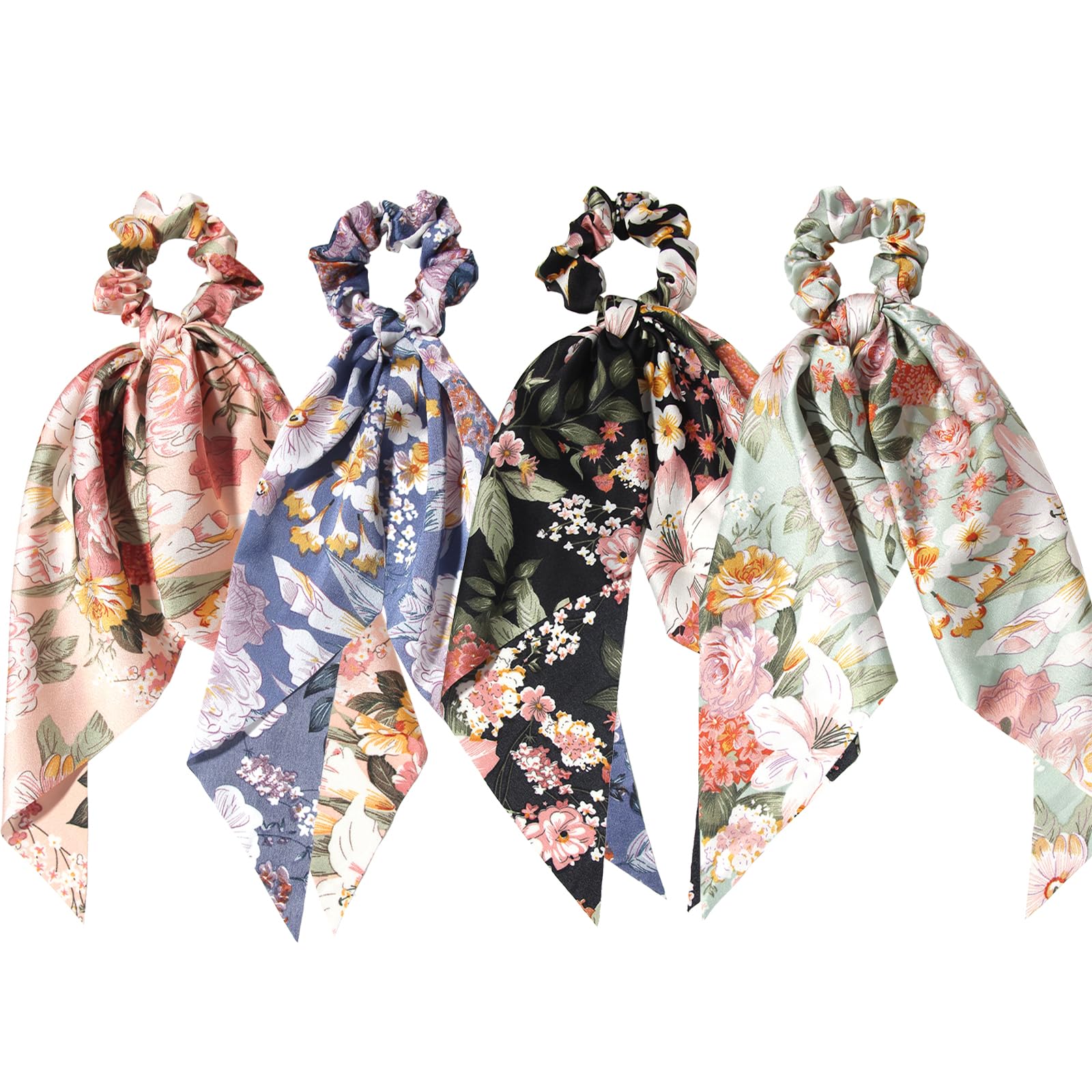 Floral Print Hair Scarf Scrunchies - Elastic Long-tail Ponytail Holders and Hair Accessories for Women, Wedding/Birthday/Bridal 