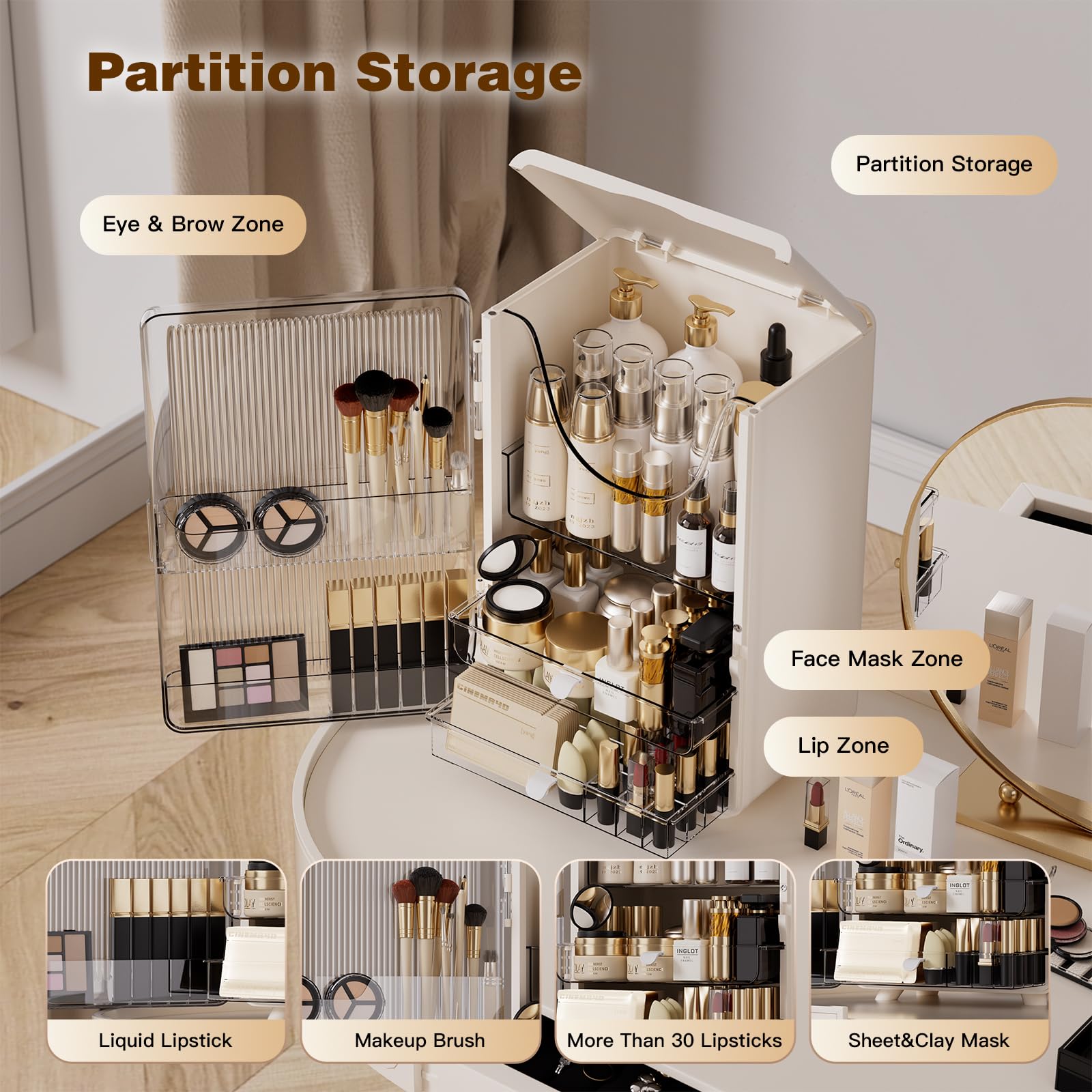 AERCIINC Makeup Organizer with brush organizer for Vanity,Large plastic drawer storage,White bathroom organizers and storage wit