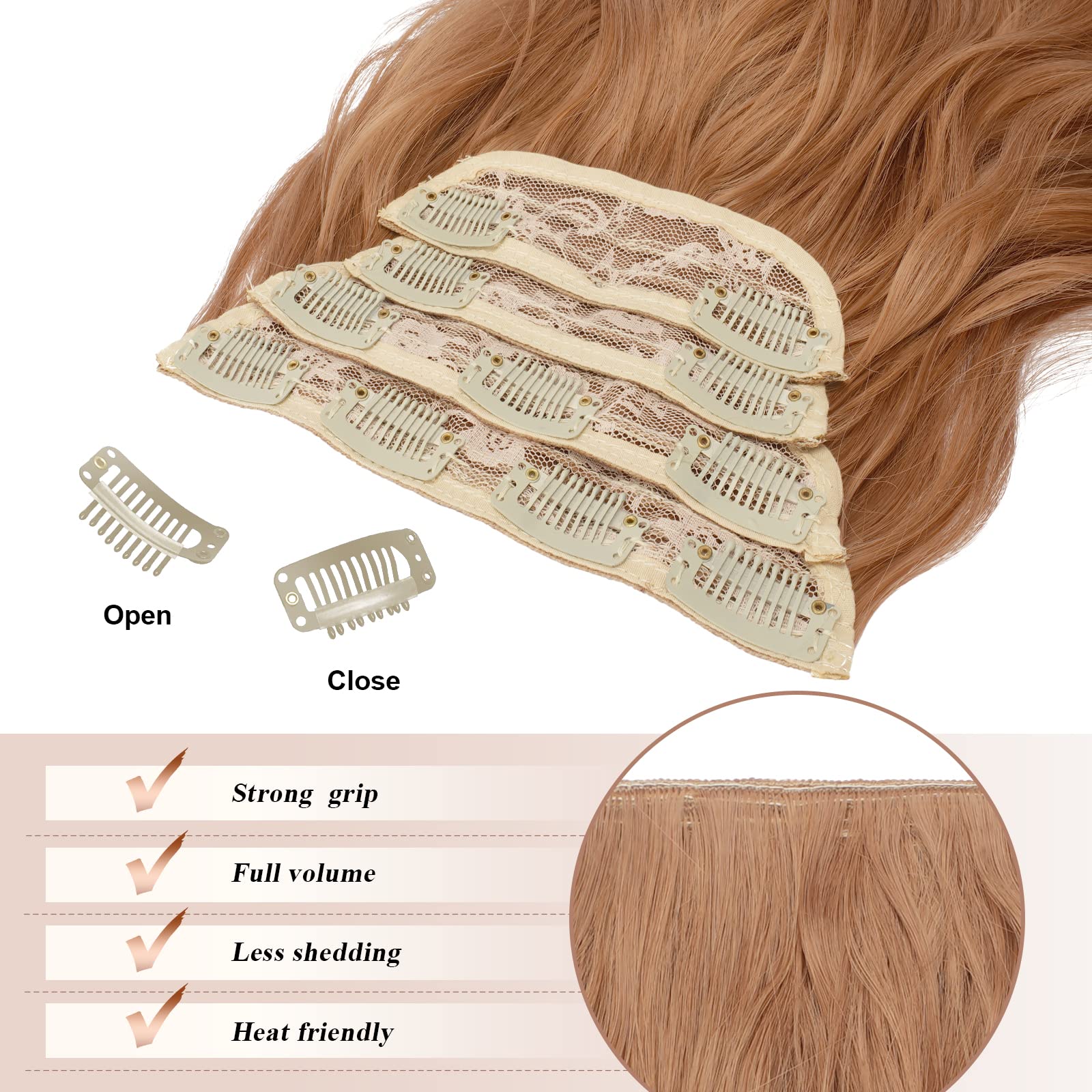 FESHFEN Clip in Hair Extensions - 4 PCS Long Wavy Auburn Brown Thick Clip in Hairpieces Full Head Synthetic Hair Extension for W