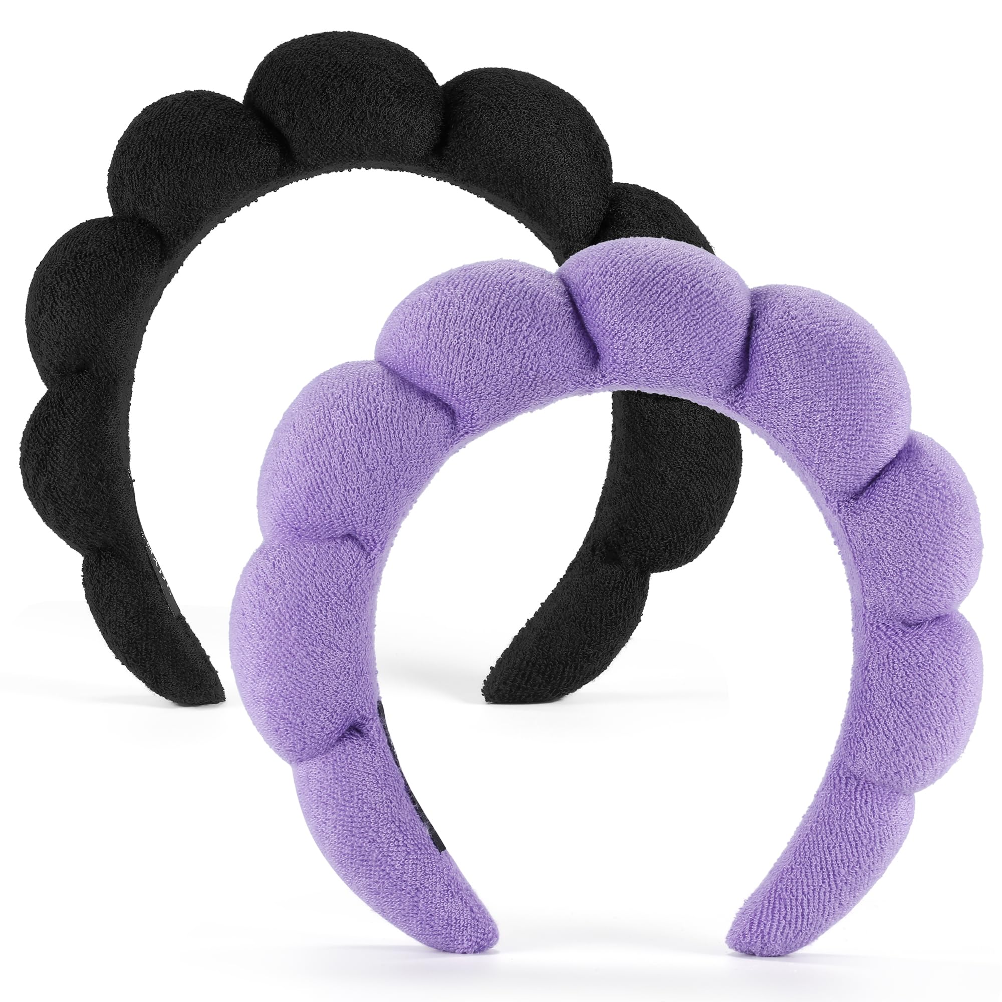 Ztomine Terry Cloth Spa Headbands for Washing Face or Facial, Set of 2, Black & Purple - Puffy Makeup Headbands for Face Washing