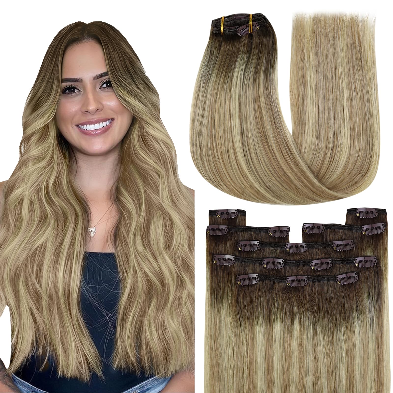 YoungSee Clip on Extensions Brown Ombre Clip in Hair Extensions Dark Brown Ombre Light Brown with Blonde Hair Extensions 12Inch 