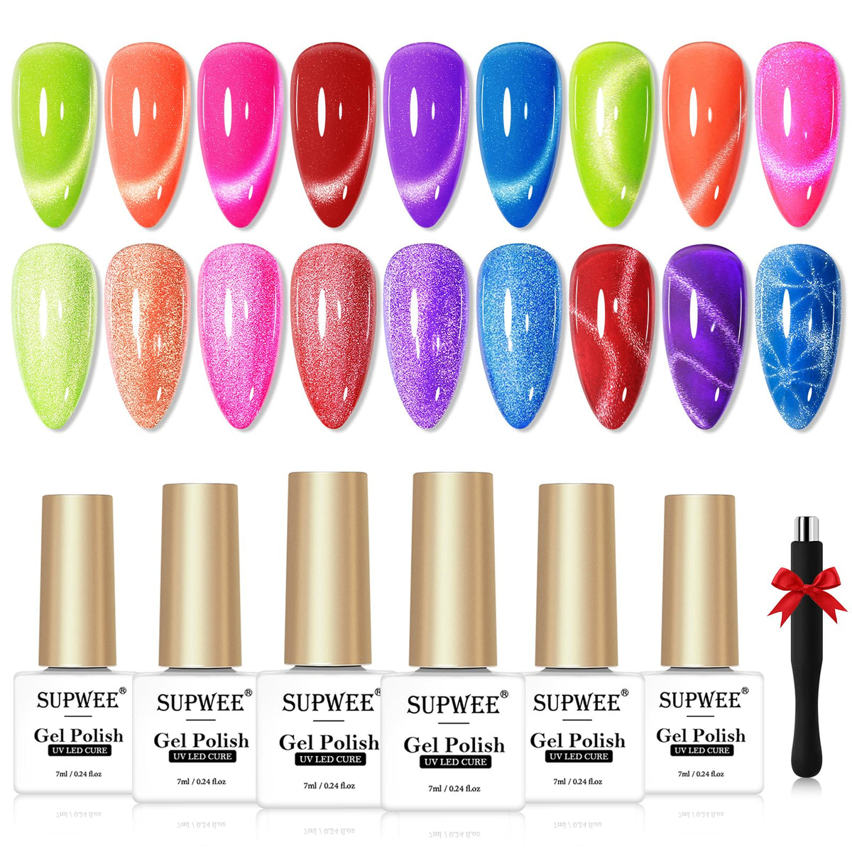 Supwee Neon Cat Eye Gel Nail Polish, 6 Colors Magnetic Gel Nail Polish Summer Colors Green Yellow Hot Pink Gel Nail Polish With