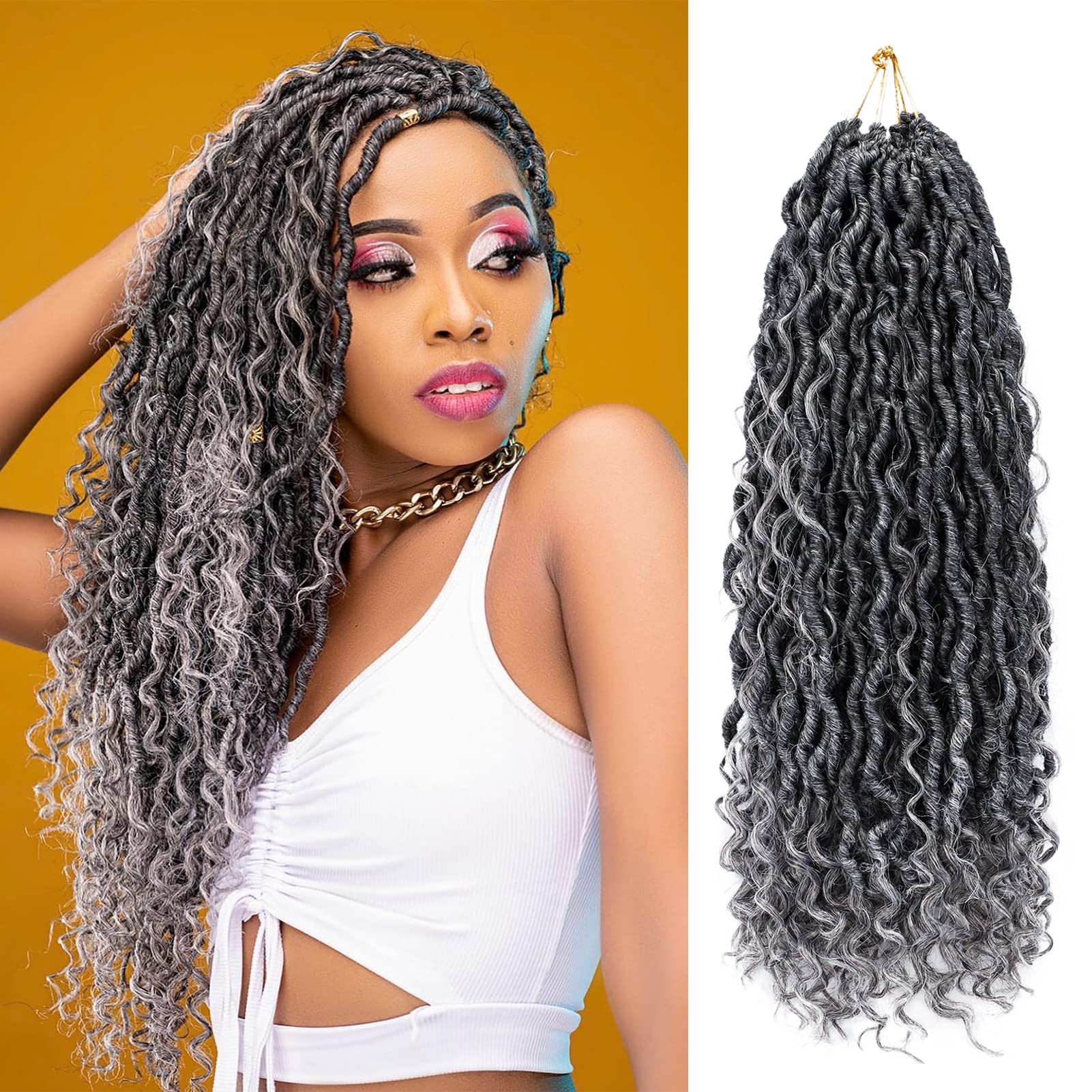 Goddess Locs Crochet Hair 18 Inch 7 Packs Ombre Grey Boho Faux Locs Crochet Hair for Black Women Pre Looped Crochet Locs with Cu