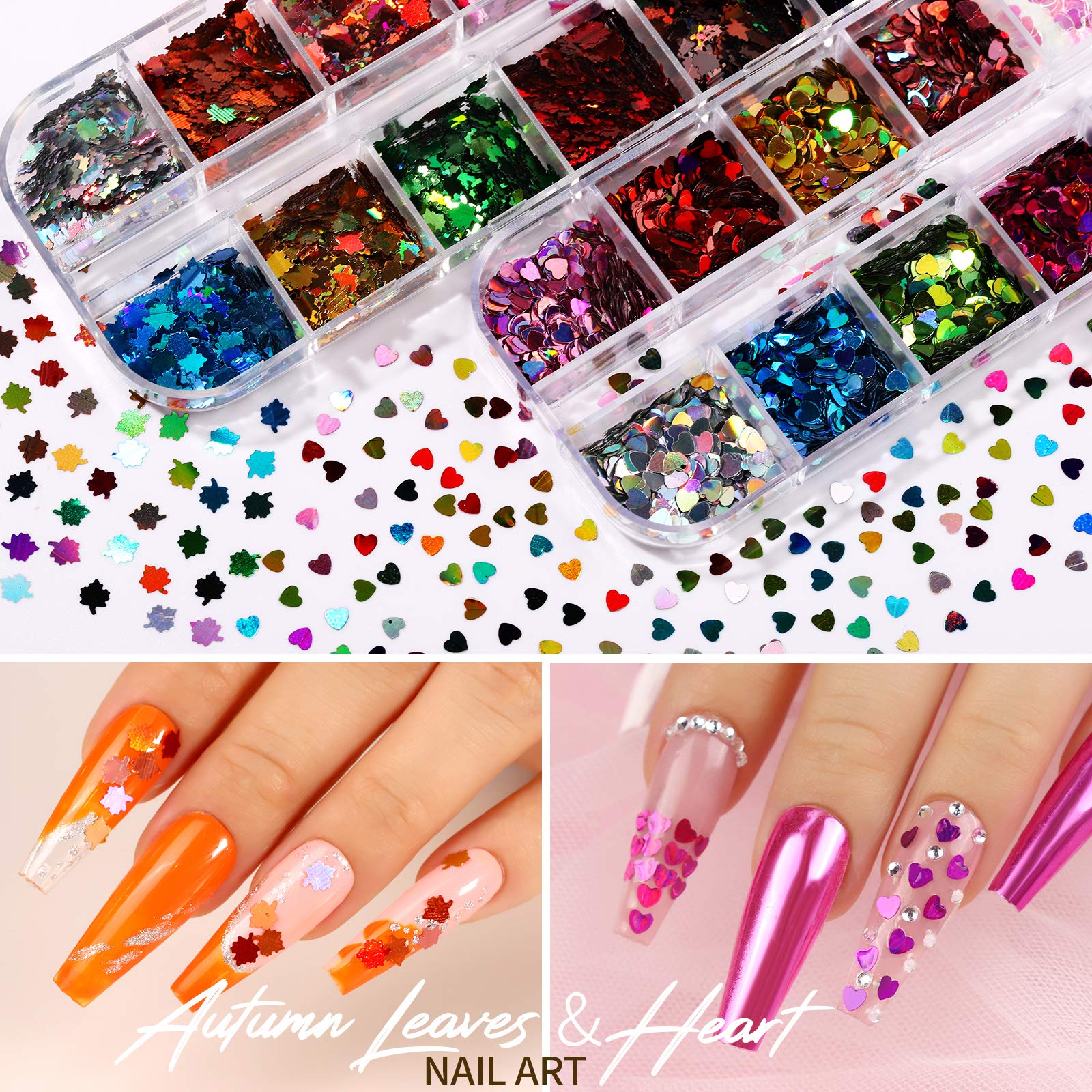 12 Sheets Nail Art Sticker 3D Self-Adhesive, Teenitor Nail Art Decoration with 5 Boxes Holographic Nail Art Glitter Flakes Butte
