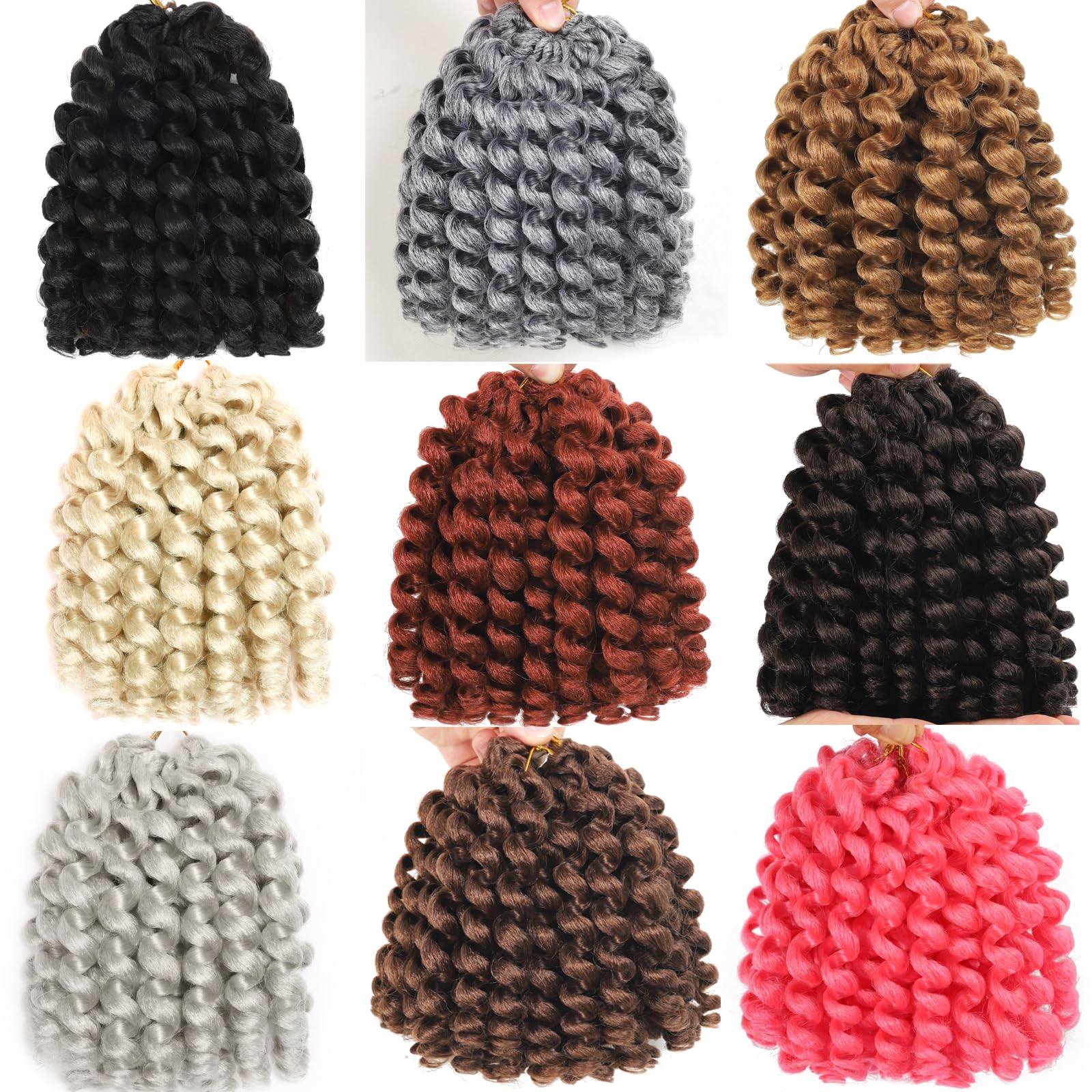 100 Strands Short Jamaican Bounce Crochet Hair Brown Ombre 5 Packs 2X Ringlet Wand Curl Crochet Hair 8 Inch Curly Crochet Hair E