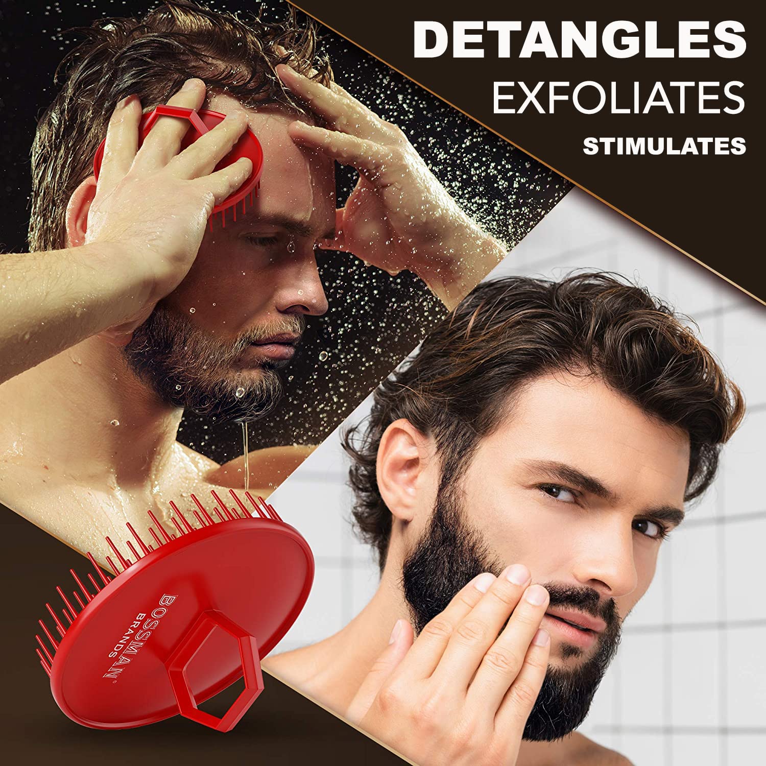 Bossman Scalp Massager And Shampoo Shower Brush - Head Scrubber - Beard Exfoliator - Hair And Beard Dandruff Control (Red)