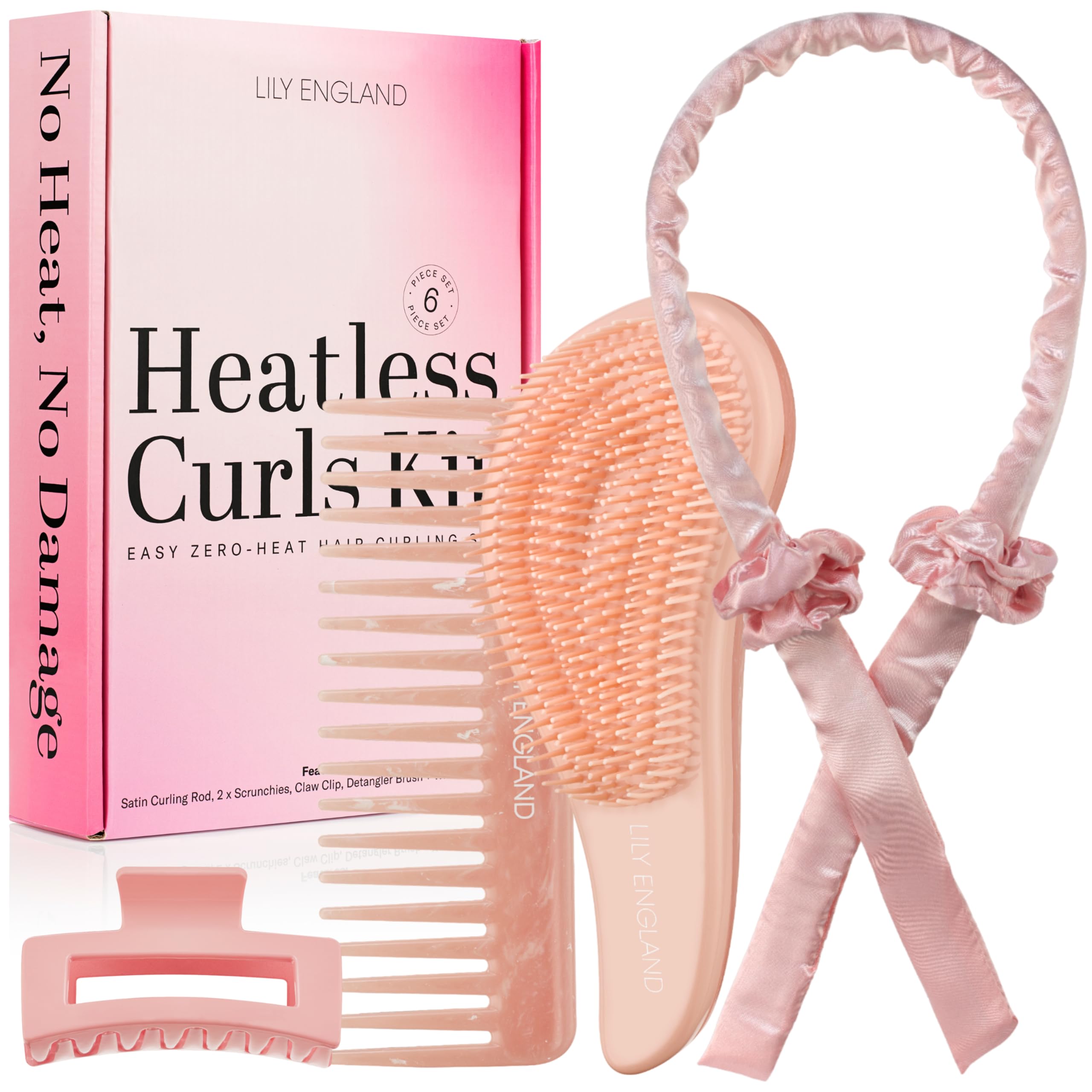Lily England Heatless Hair Curler, 6-Piece No Heat Curls Overnight Set Includes A Detangler Brush, Scrunchies, Claw Clip & Comb 