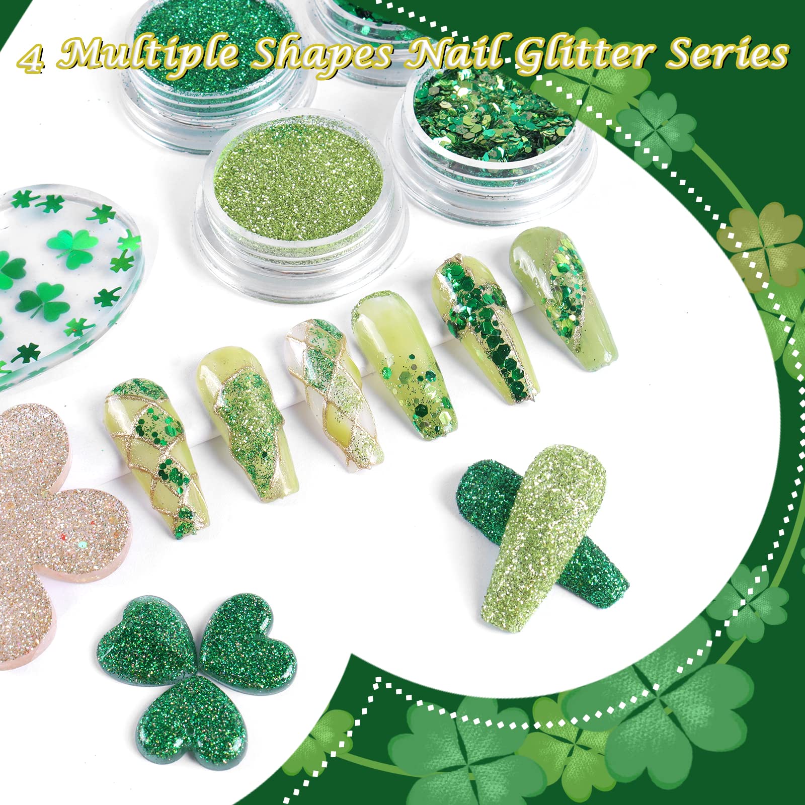 Allstarry Nail Glitter 4 Colors Shamrock Green Holographic Glitter Iridescent Chunky Nail Flakes Hexagon Face Sequins Sparkly Fi