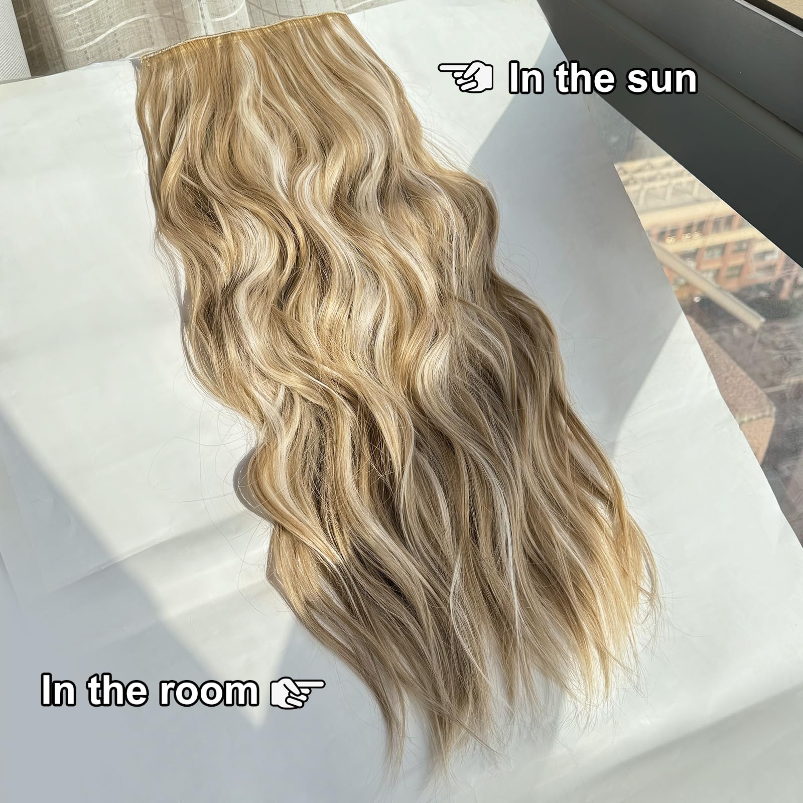 Alxnan Clip In Long Wavy Synthetic Hair Extension 24 Inch Beach Blonde 4Pcs Thick Hairpieces Fiber Double Weft Hair For Women