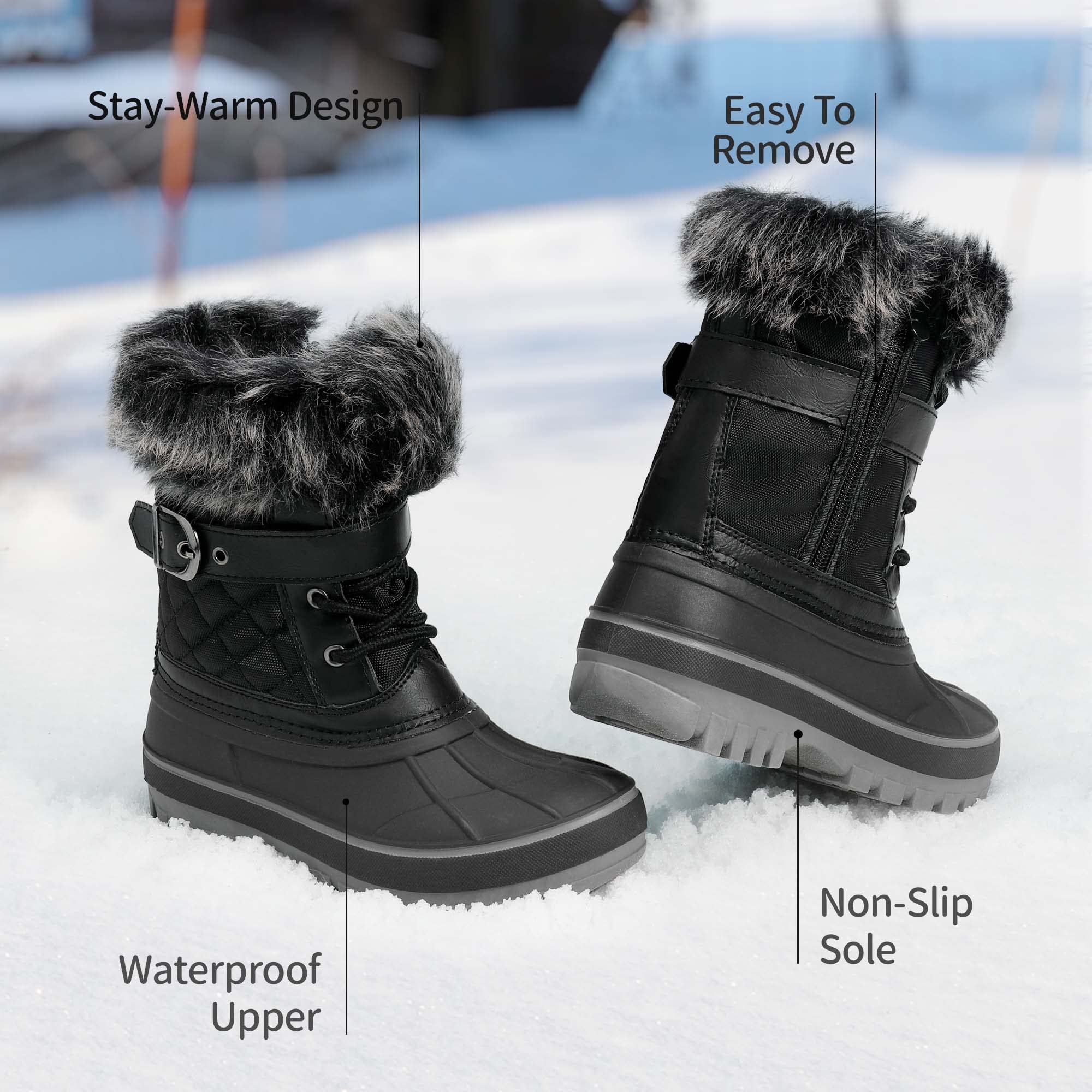 Dream Pairs Boys Black Faux Fur-Lined Insulated Waterproof Winter Snow Boots Kriver-3 Size 11 Little Kid