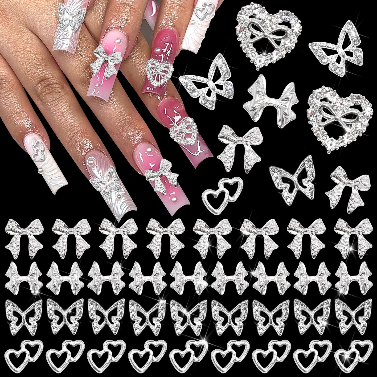 RODAKY 44PCS Silver Nail Charms Bow Butterfly Charms for Nails 3D Heart Nail Gems Y2K Nail Decoration for Women Girls Manicure D