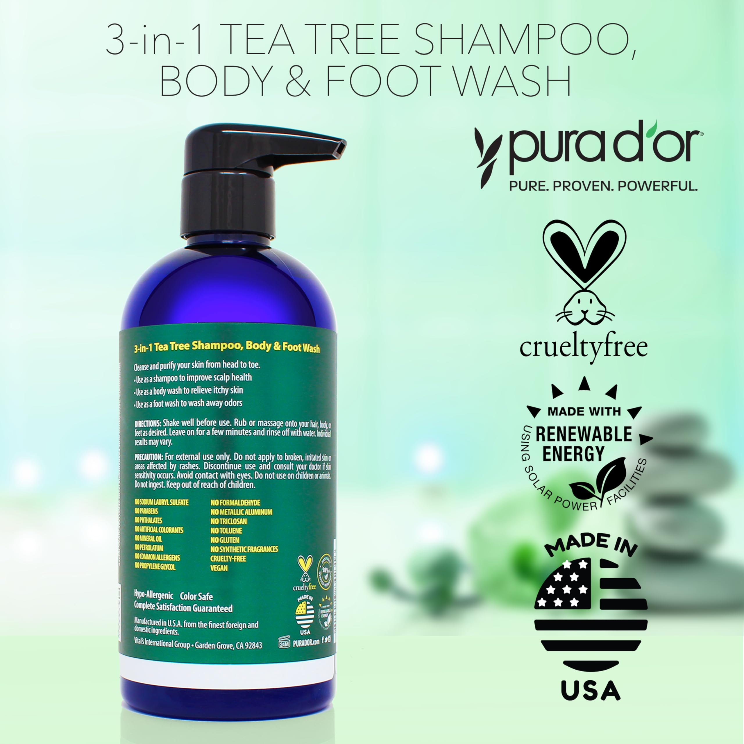 PURA D'OR 3-in-1 Tea Tree Shampoo, Body & Foot Wash, Shampoo (16oz x3 = 48oz) Total Body Care - Foot Odor & Daily Hygiene, Clean