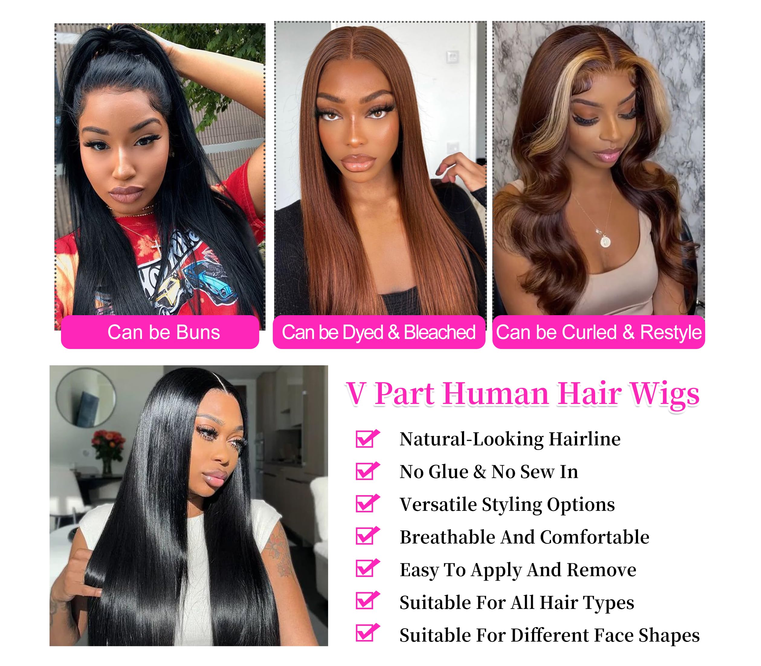 Aolvoblees V Part Wig Human Hair Straight No Leave Out Upgrade U Part Wig for Women 200% Density Clip in Half Wig Beginner Frien