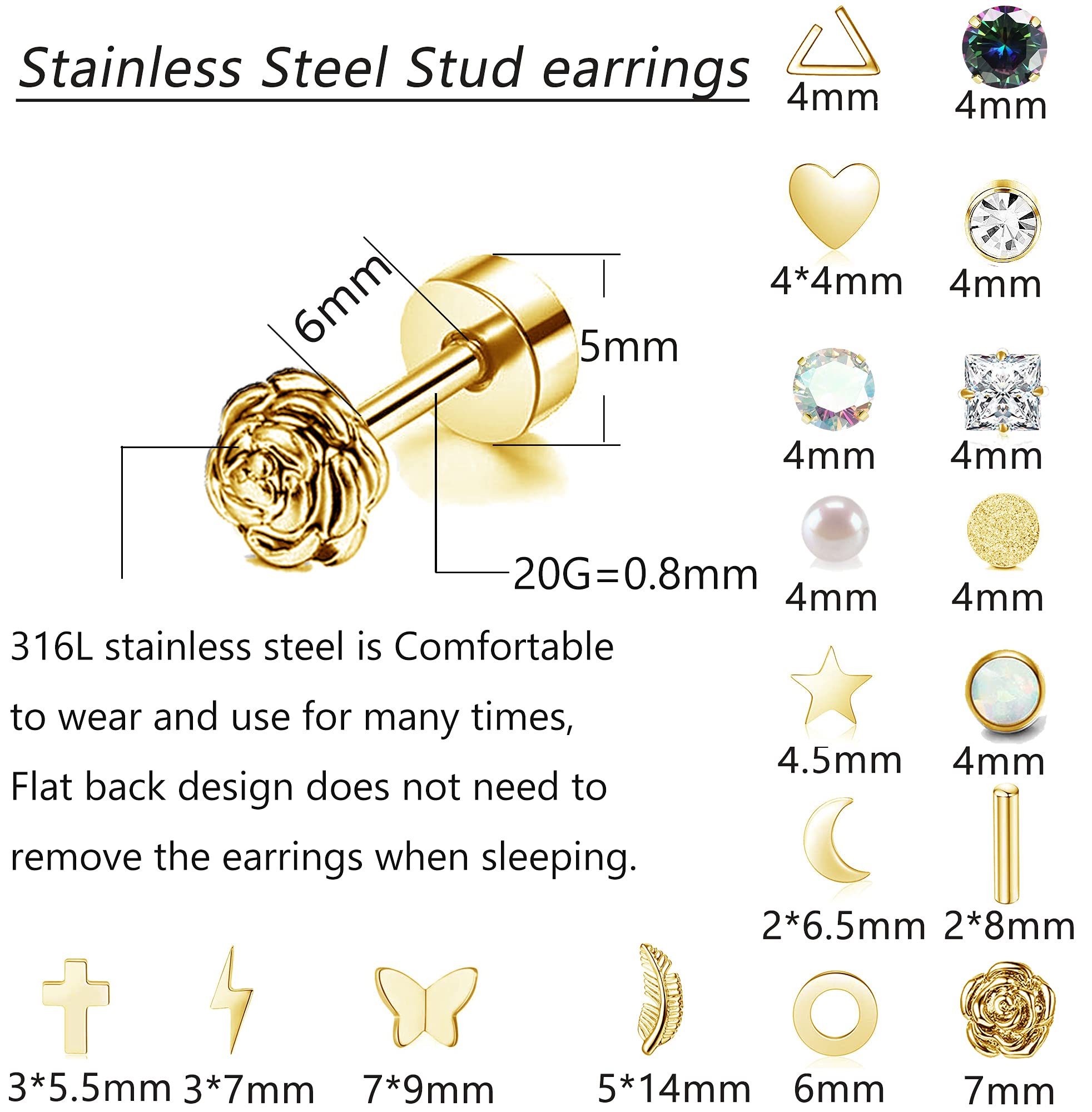 18 Pairs Stainless Steel Stud Earrings Set for Women Men Star Moon flower Heart Leaf Opal 20G Cartilage Earrings Hypoallergenic