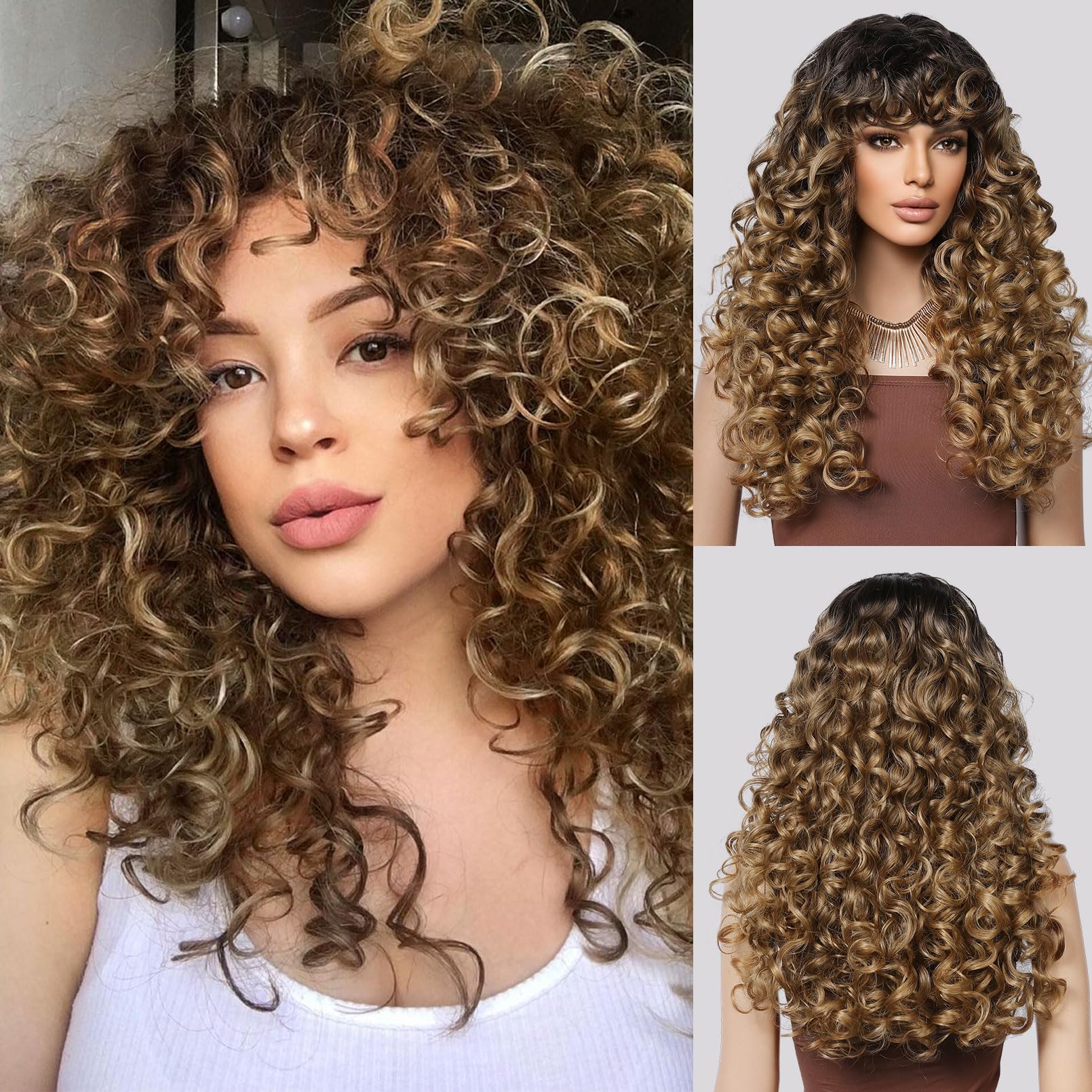LONAI Blonde Curly Wig Long Curly Wigs with Bangs for Women WIG006 Synthetic Hair Wig Vintage Hairstyle for Daily Use Party Cosp