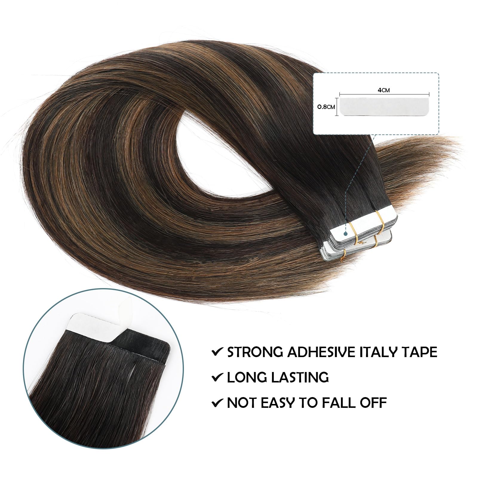Sassina 14 Inch Invisible Double Sided Reusable Human Hair Tape In Extensions Dark Brown To Chestnut Brown Thick Skin Weft Remy