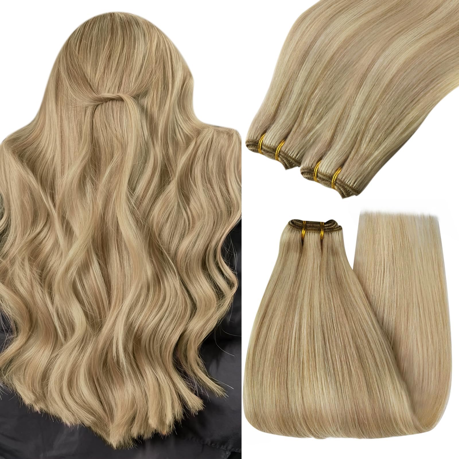 YoungSee 100G 14In Weft Hair Extensions Human Hair Short Hair Weft Extensions Golden Blonde Highlighted Dark Ash Blonde Sew in H