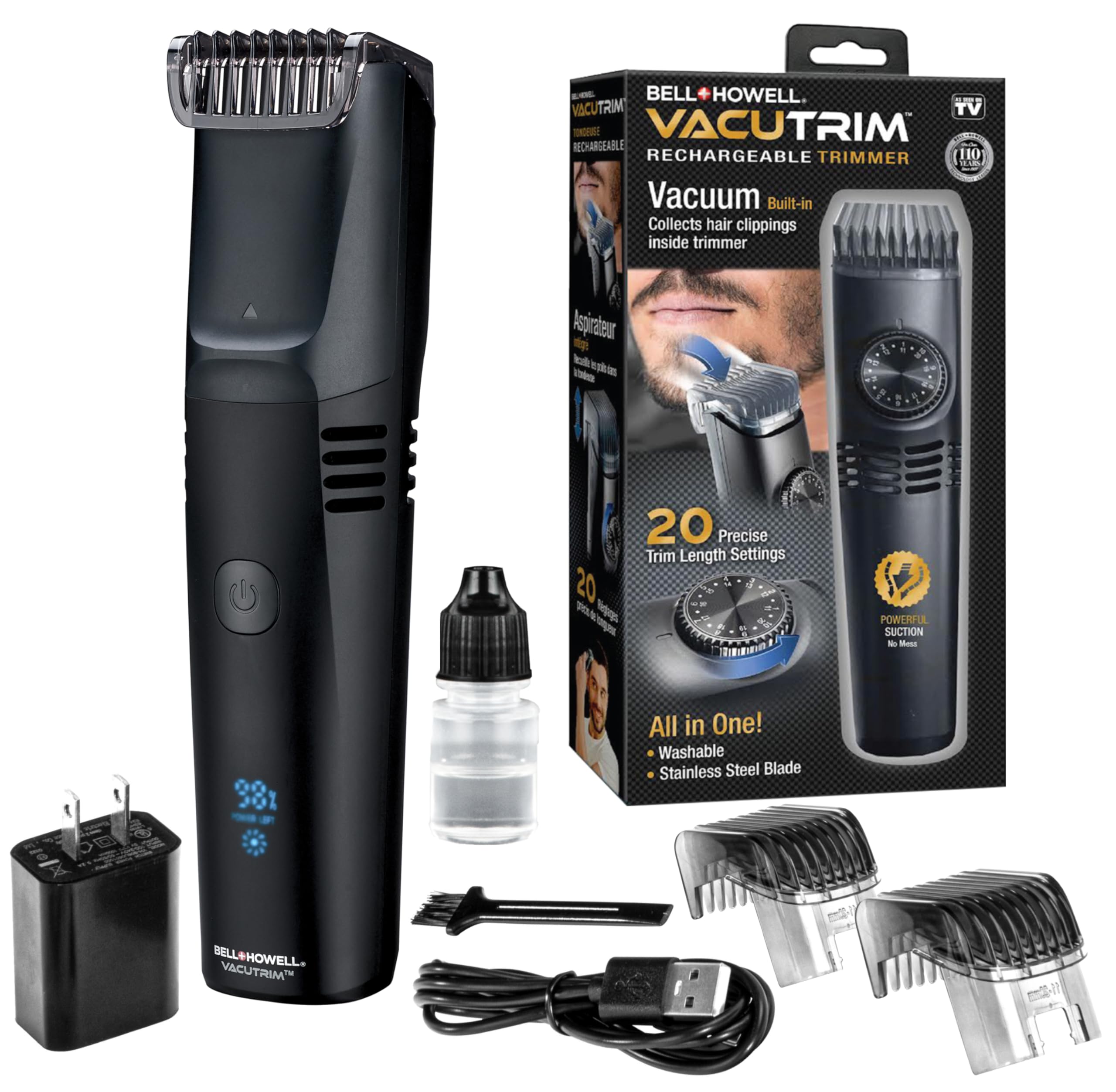 Bell+Howell Vacutrim Deluxe Cordless Mens Beard Trimmer, Rechargeable Electric Shaver with 20 Trim Setting and Built-in Vacuum f