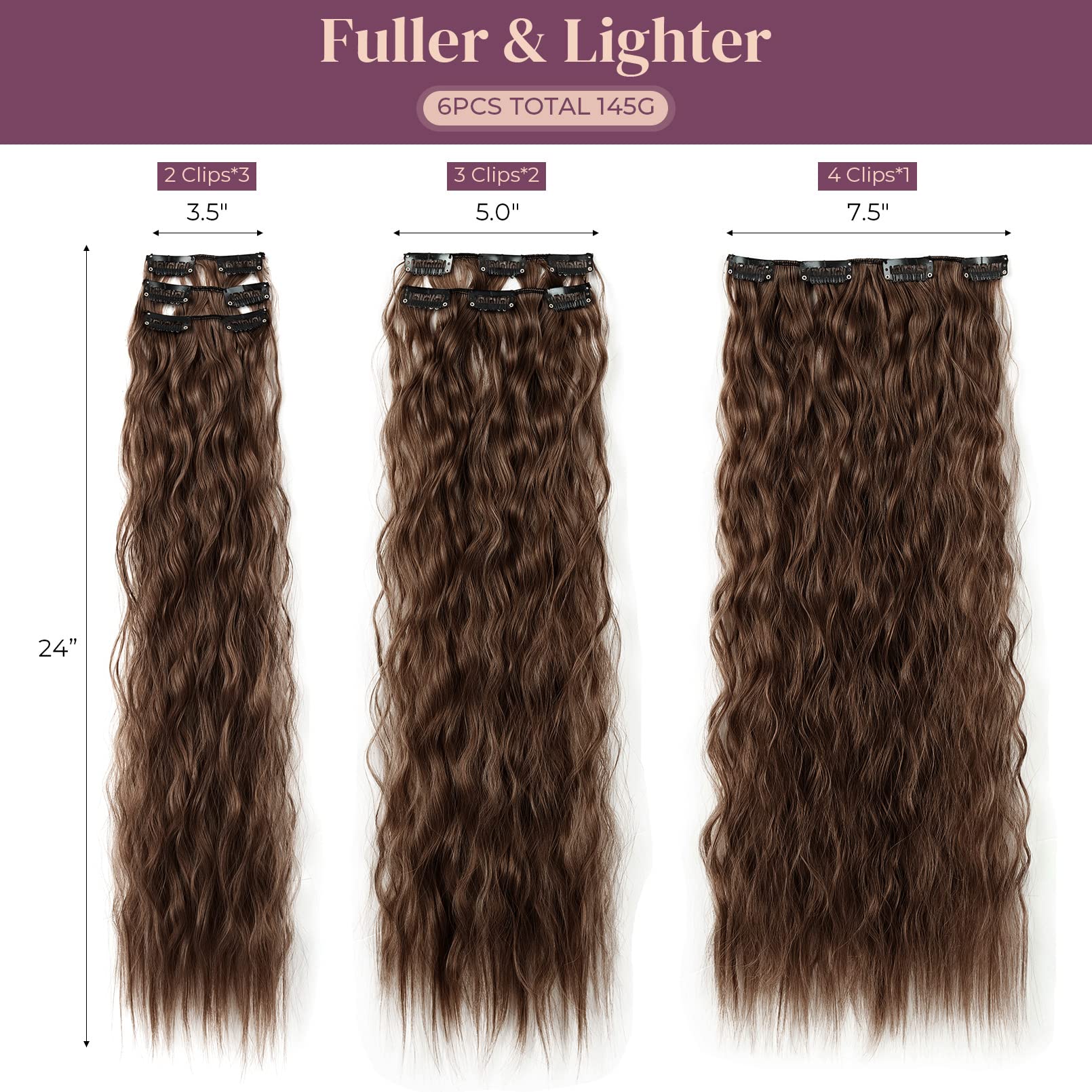 Lonai Clip In Hair Extensions, 6Pcs Curly 24'' Long Synthetic Clip On Hairpiece For Women-Dark Brown With Copper Highlights