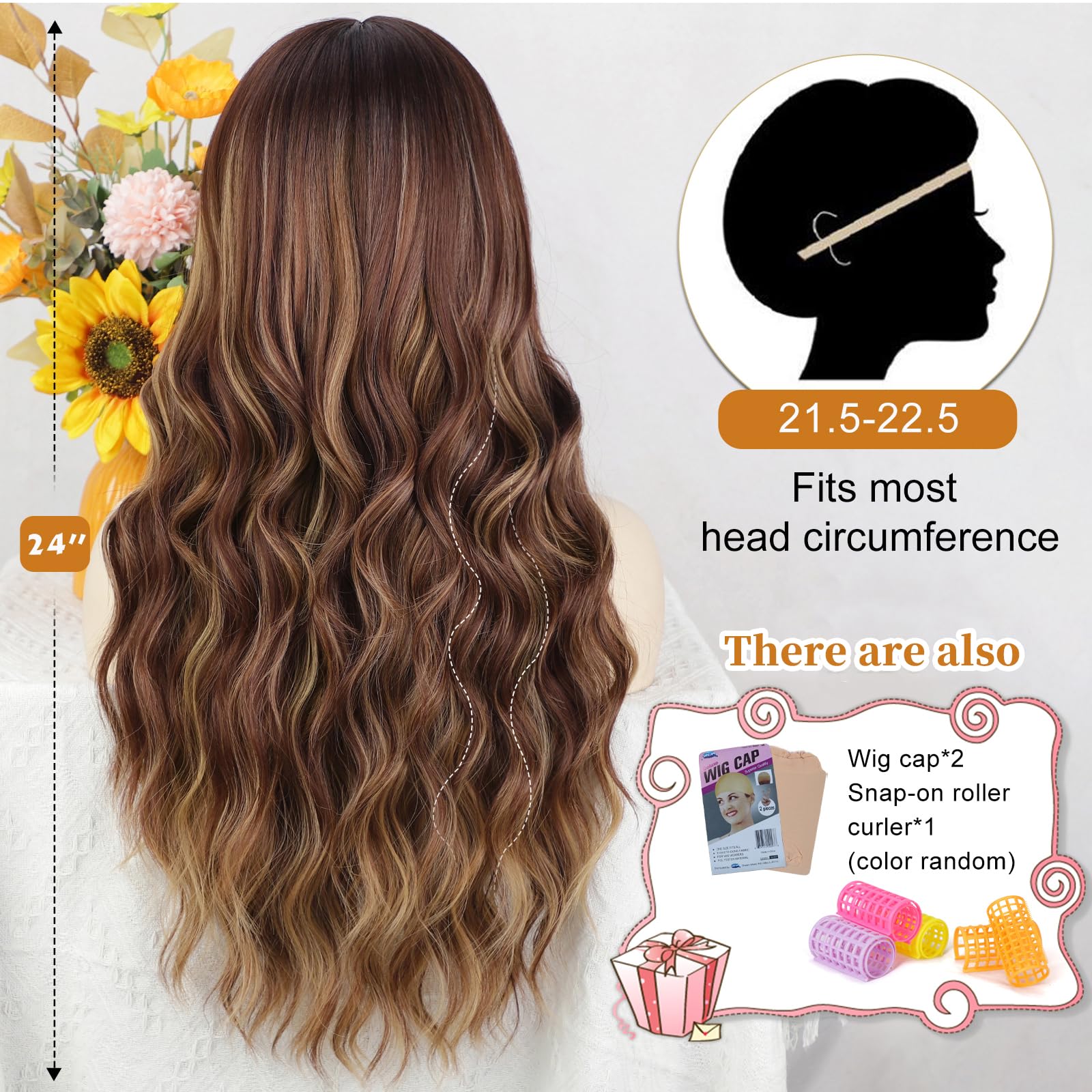 Aisi Queens Wigs With Bangs Brown Highlight Wigs For Women Long Wavy Wigs With Dark Roots Synthetic Heat Resistant Fibre Brown M