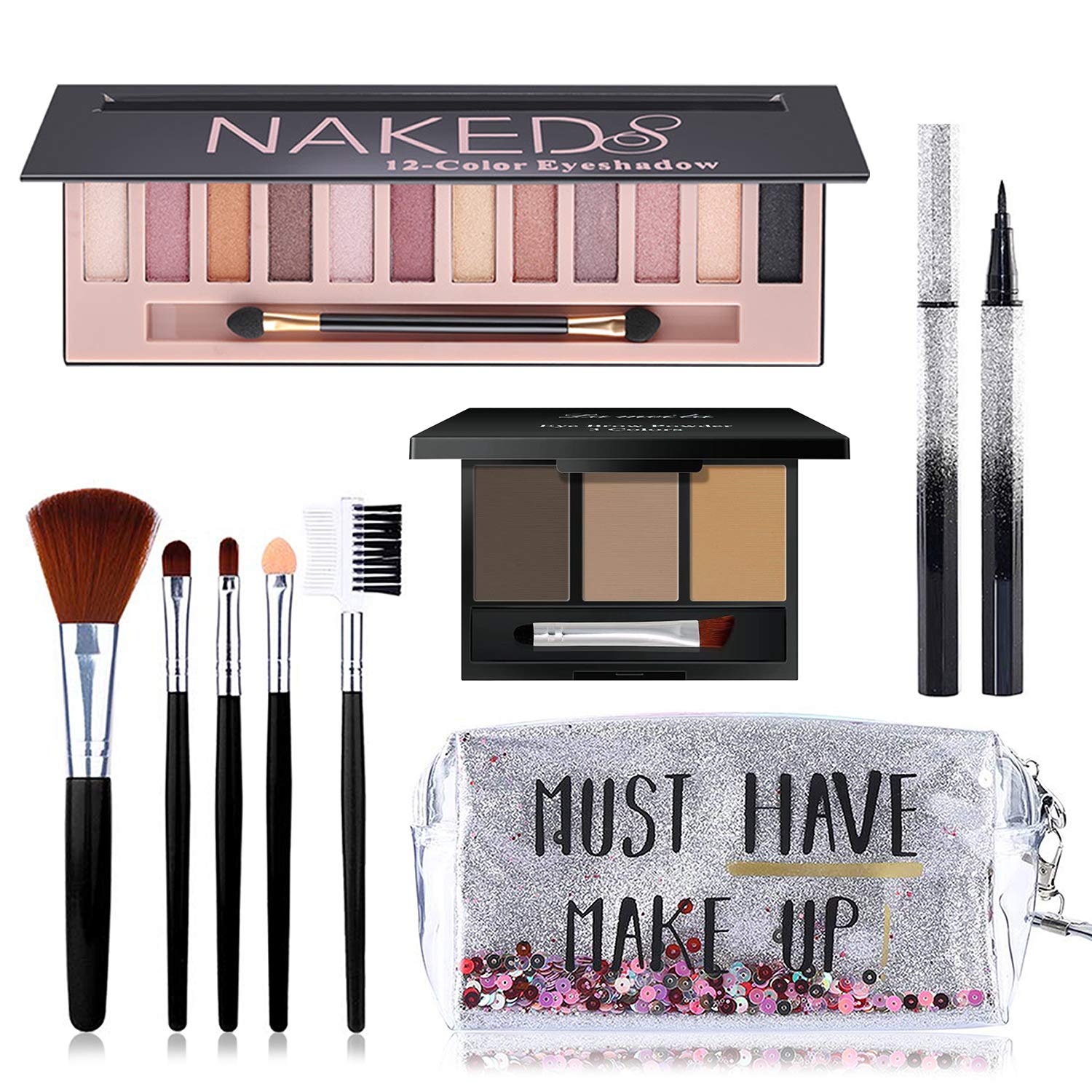 All In One Makeup Kit, Includes 12 Colors Naked Eyeshadow Palette, 5Pcs Makeup Brushes, Waterproof Eyeliner Pencils, Eyebrow Pow