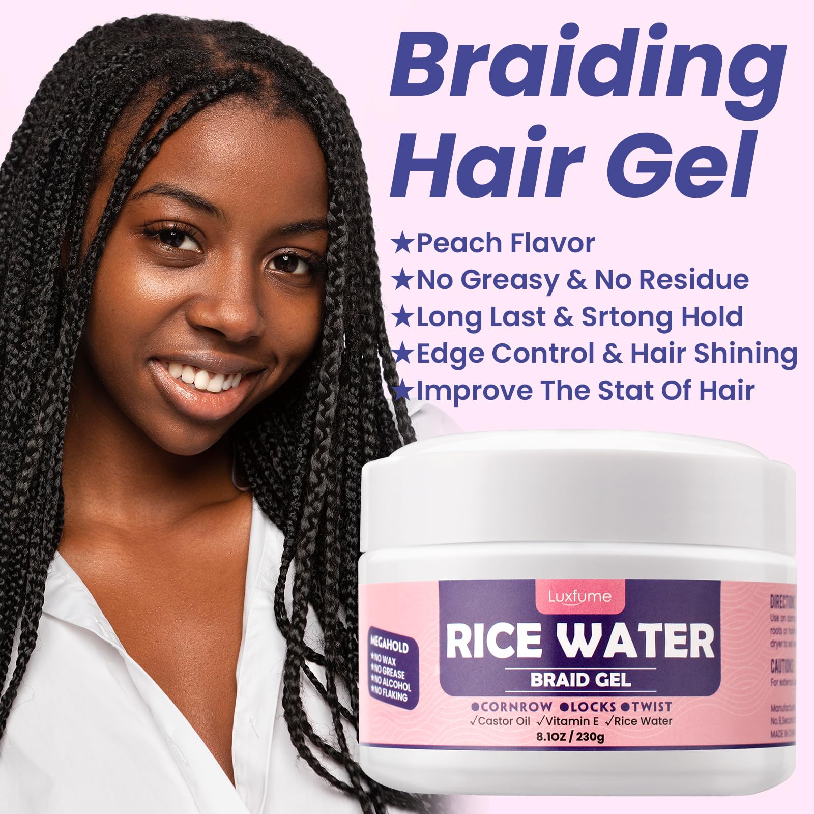 Luxfume Braiding Gel Extra Hold 8.1 Oz - Great For Braids,Twist, Locs & Smooth Edges - Braid Gel Extreme Hold Adds High Shine,Ed