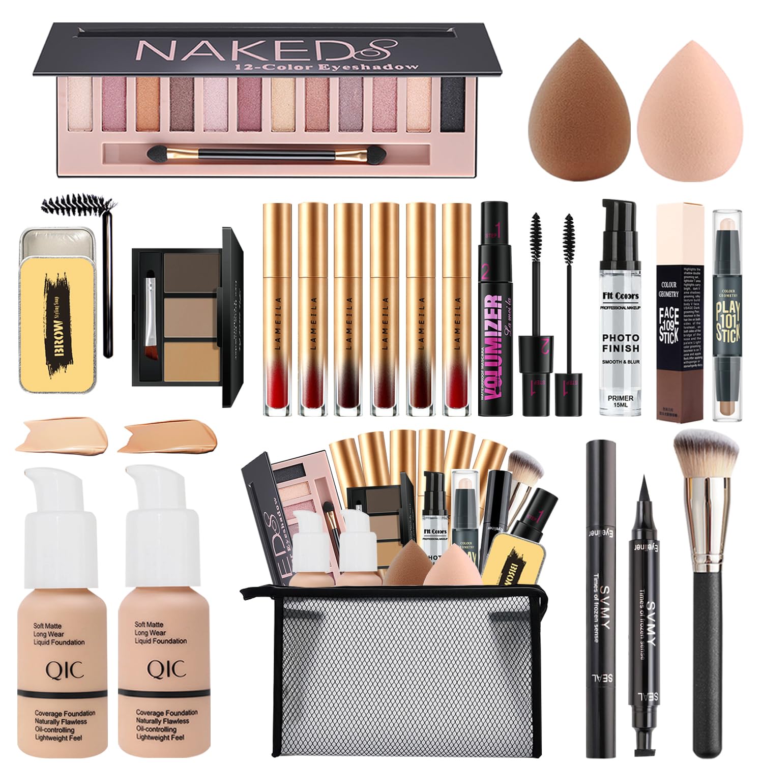 All In One Makeup Kit For Women,Includes Naked Eyeshadow,Liquid Foundation,Lipstick Set,Mascara,Makeup Brush,Makeup Sponge,Eyebr