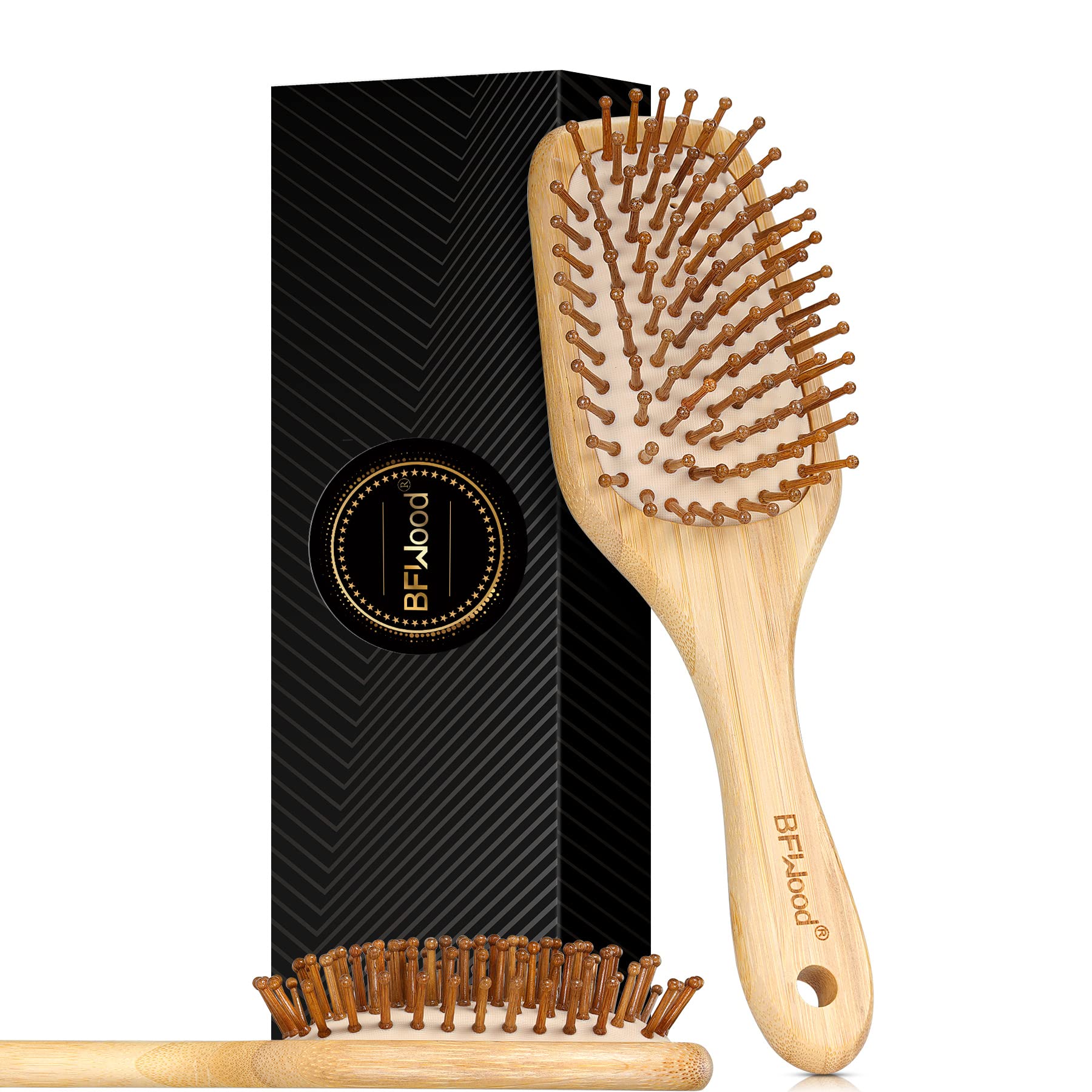 Bamboo Hair Brush with Paddle - Rounded Wood Bristles for Detangling and Gently Massaging Scalp by BFWood, Reduces Frizz and Sta
