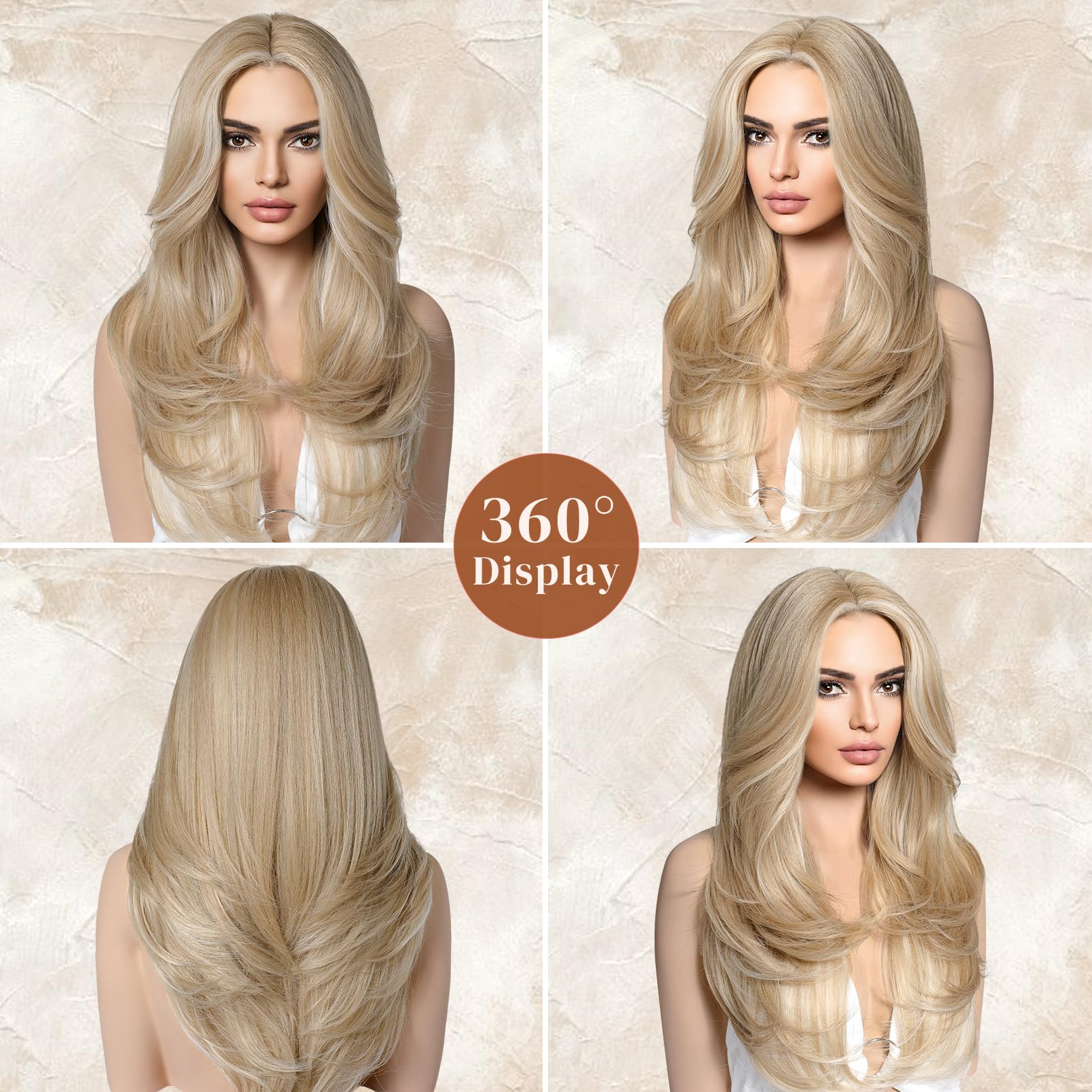 Lonai Blonde Wigs For Women 24'' Long Natural Blonde Middle Part Layered Wig Synthetic Hair Wig For Daily Use Party Cosplay