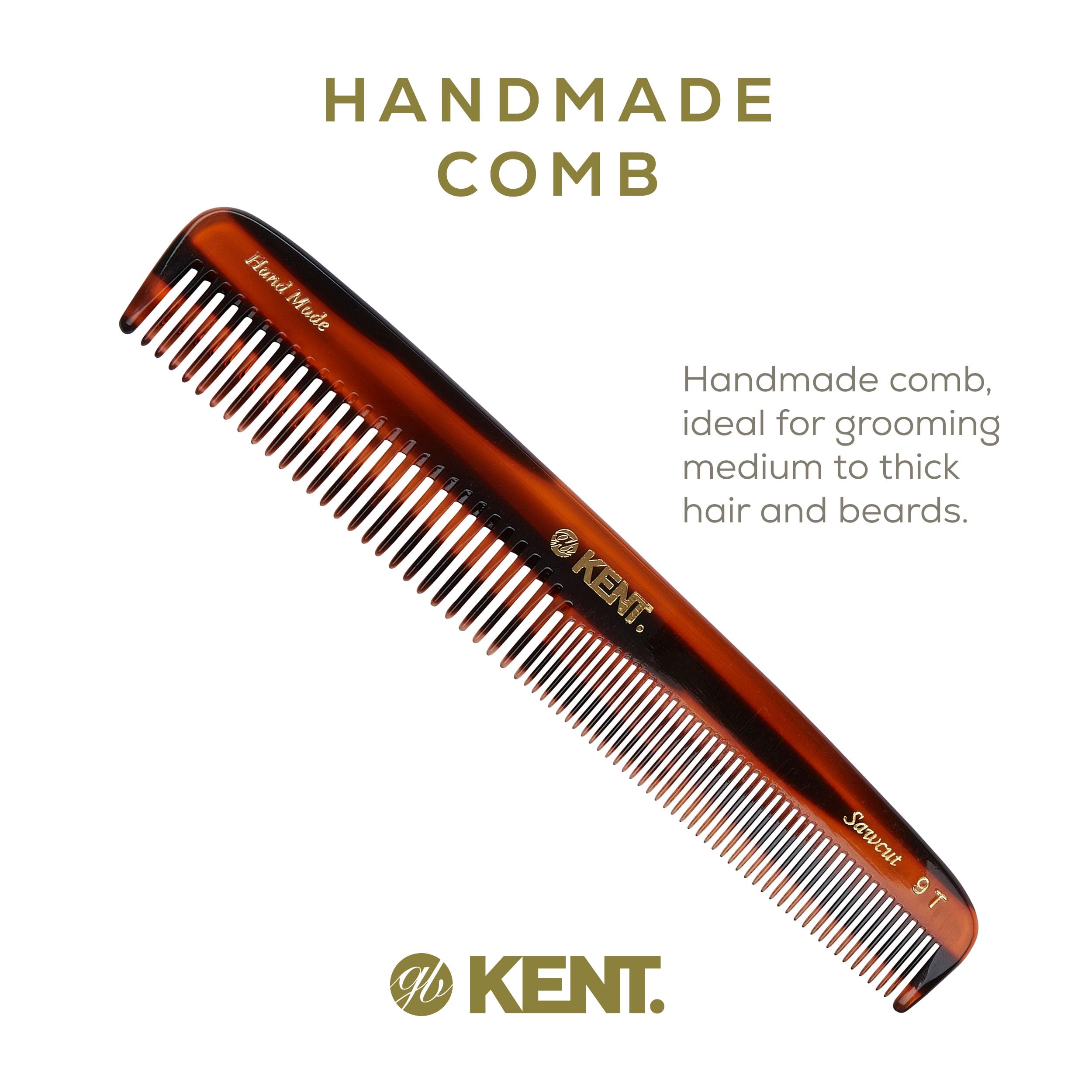 Kent 9T Tortoiseshell Fine Tooth And Wide Tooth Comb Detangler Hair Combs - Large Handmade And Saw-Cut Dressing Comb - Wet Hair