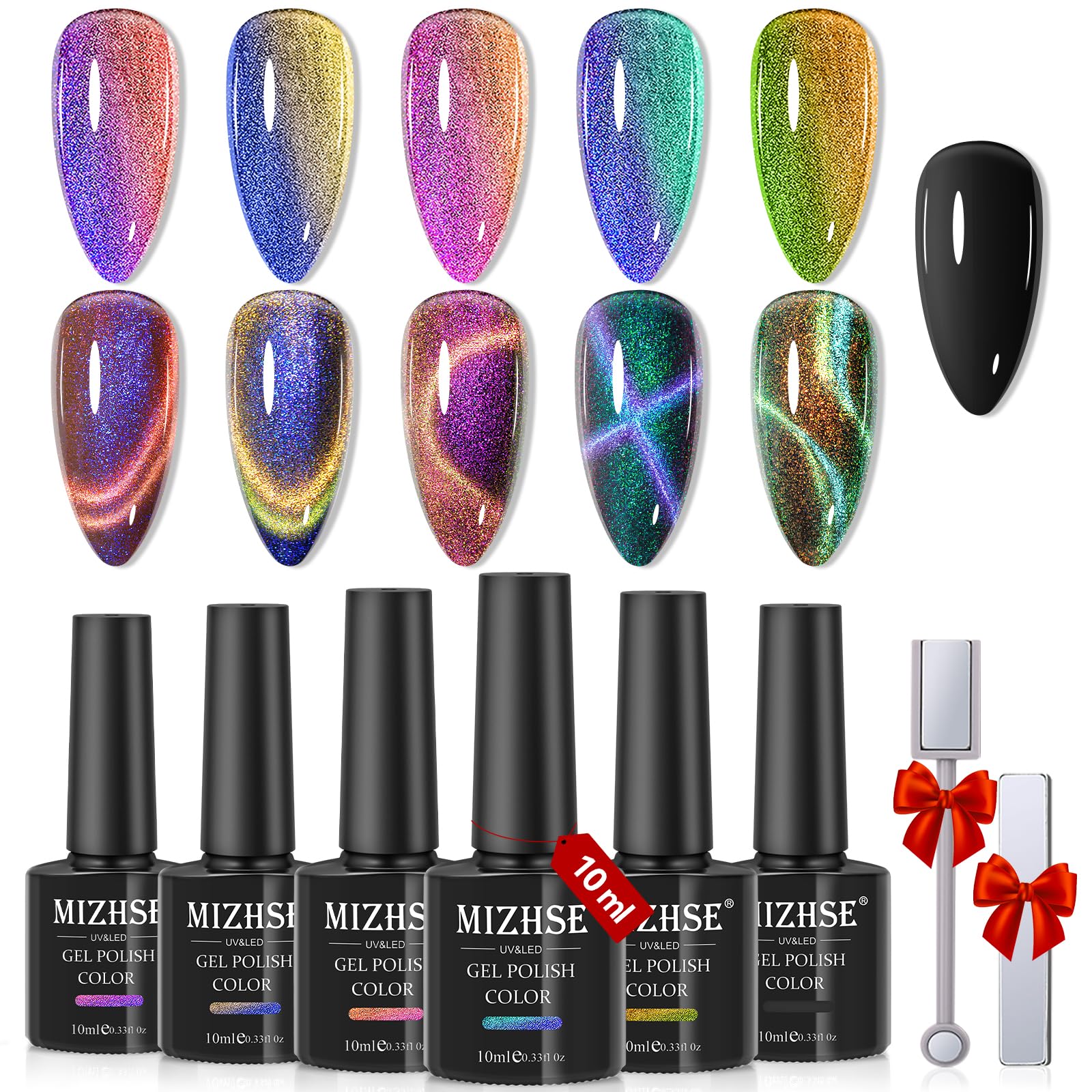 Mizhse 9D Cat Eye Gel Nail Polish Set, Magnetic Gel Polish 10 Ml 6 Colors With 2 Magnet Sticks, Chameleon Galaxy Shiny Magic Eff