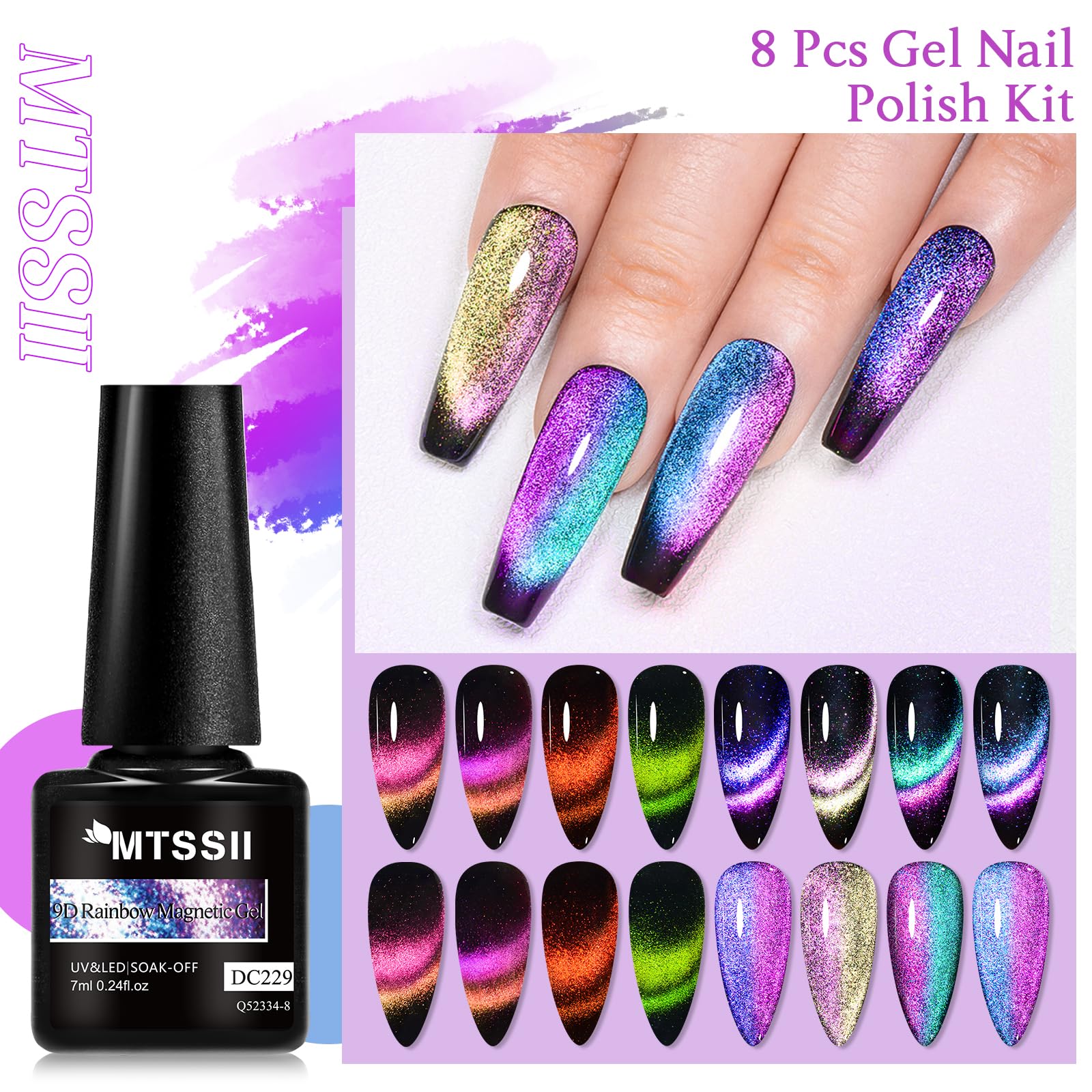MTSSII Cat Eye Gel Nail Polish Set, 8 Colors, UV/LED Soak Off, Galaxy Glitter Collection (Set-6, 8pcs)
