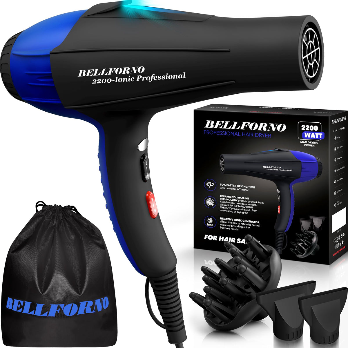 Professional 2200W Ionic Salon Hair Dryer - Professional Blow Dryer - Hair dryers for Women - Hairdryer with Diffuser (Black/Blu