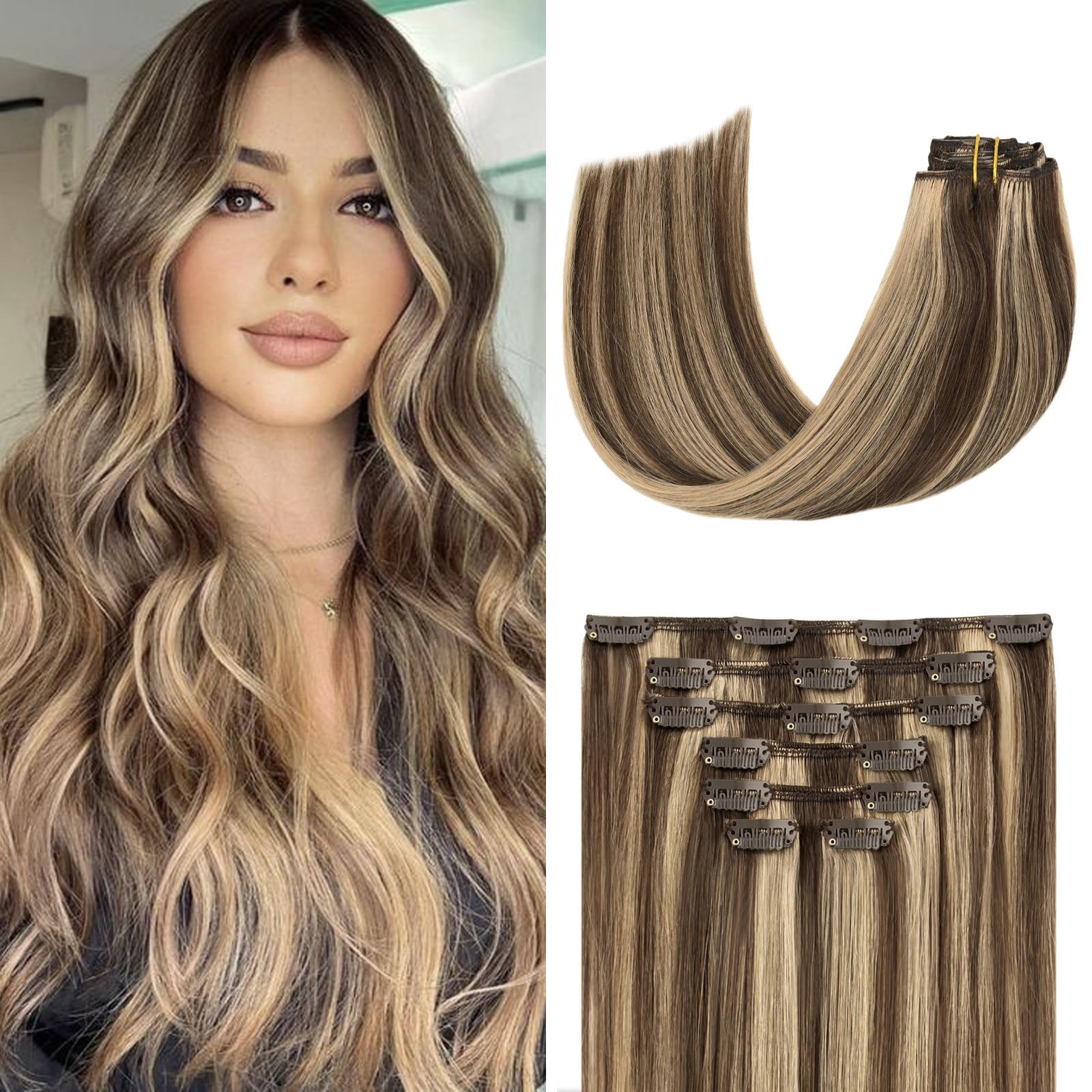 Aison Caramel Clip in Hair Extensions Real Human Hair 70G Medium Brown/Dark Blonde 100% Remy Human Hair Soft Silky Straight High