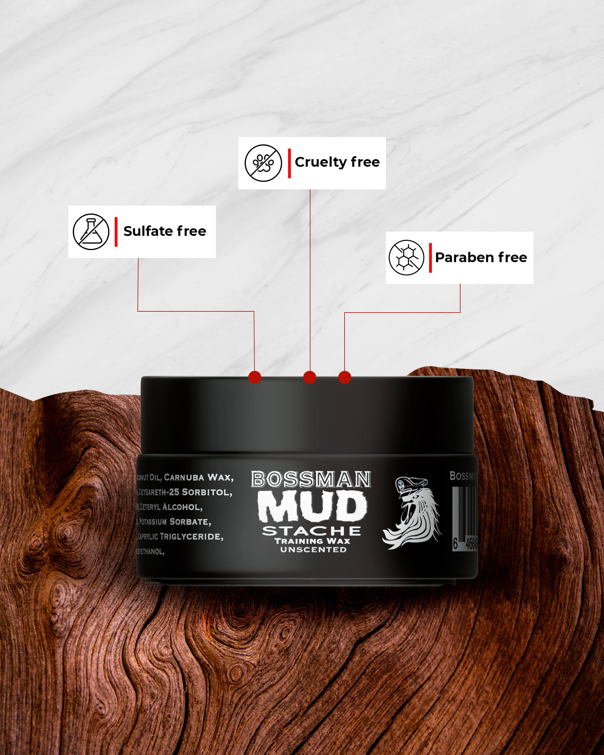 Bossman Mudstache Unscented Mustache Wax For Men (1 Oz) - Strong 24-Hour Hold, Non-Tacky & Easy To Apply For Taming & Styling