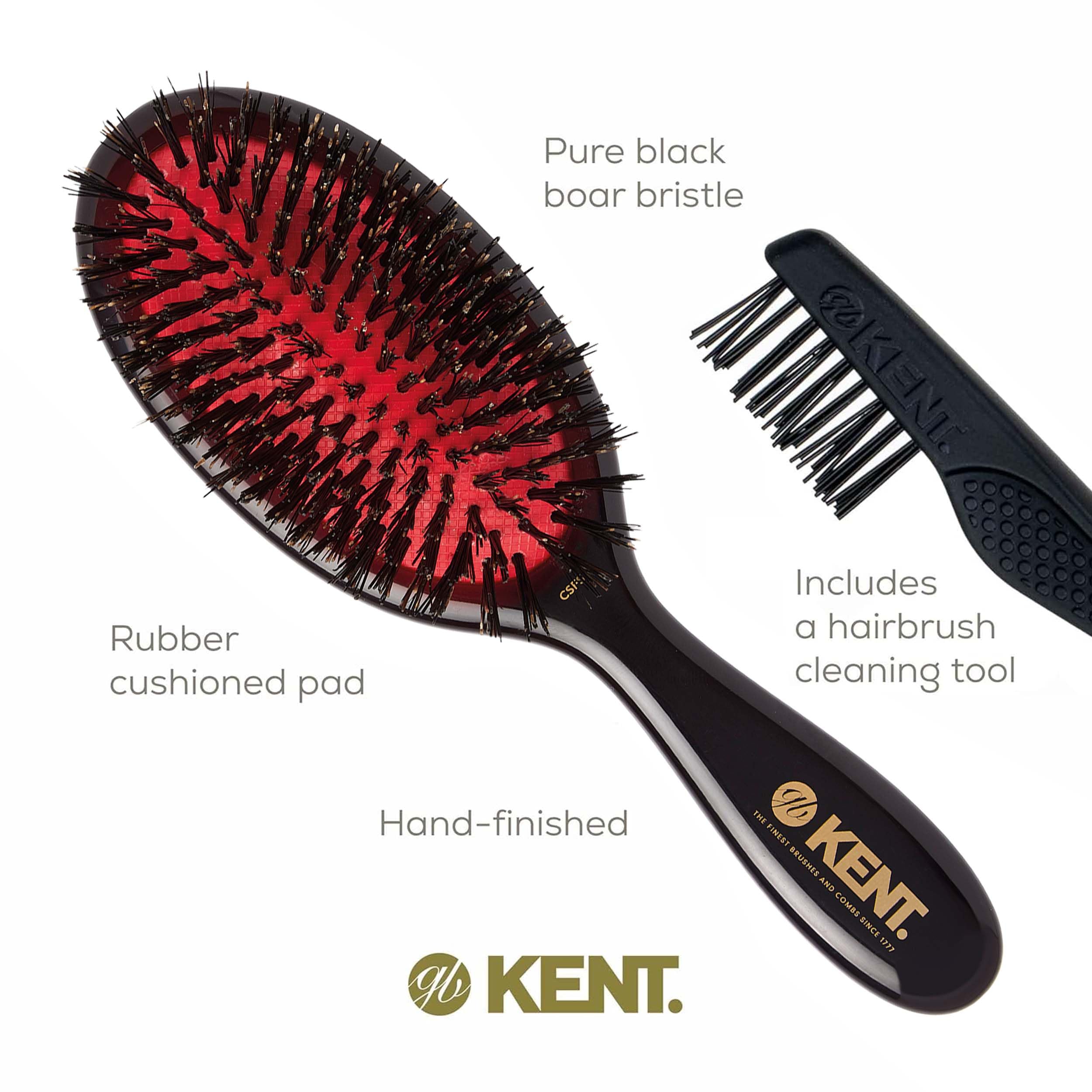 Kent CSFS Classic Shine Large Oval Cushion Straightening Brush and Hair Detangler - Natural Black Boar Bristle Hair Brush - Shin