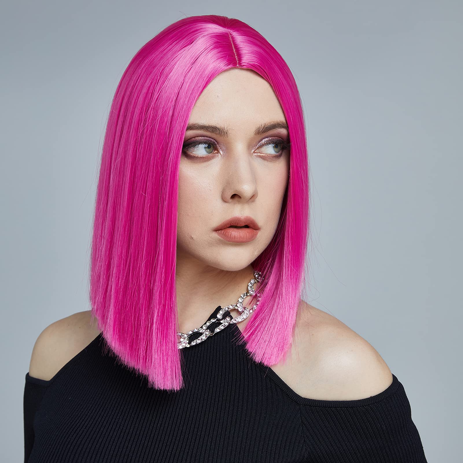 Entranced Styles Hot Pink Wig Short Straight Synthetic Hair 12Inch Colorful Wigs For Women Neon Pink Wig For Party Halloween Cos