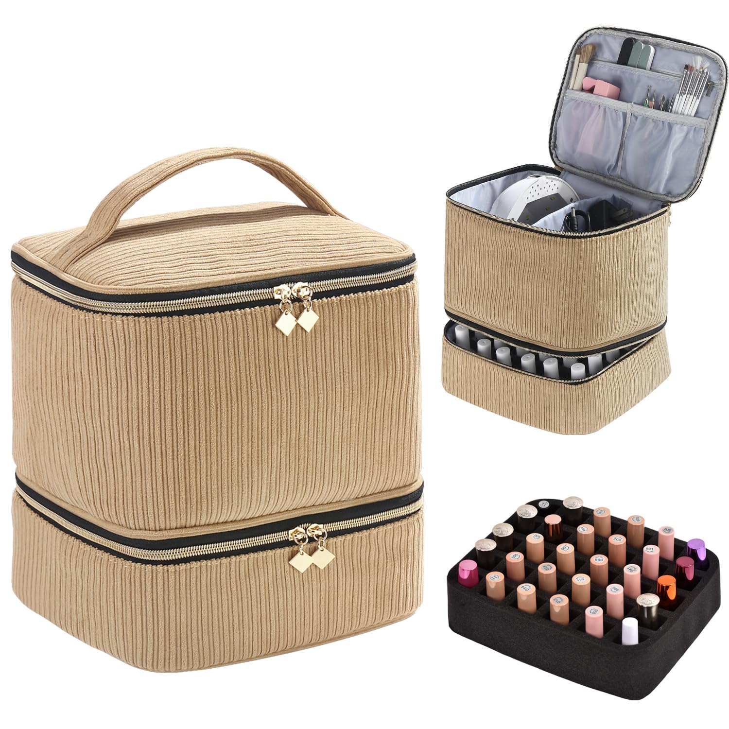 Corduroy Nail Polish Organizer and Nail Lamp Case, Nail Kit Organizer Holds 30 Bottles (15ml - 0.5 fl.oz) and a Nail Lamp, Nail 