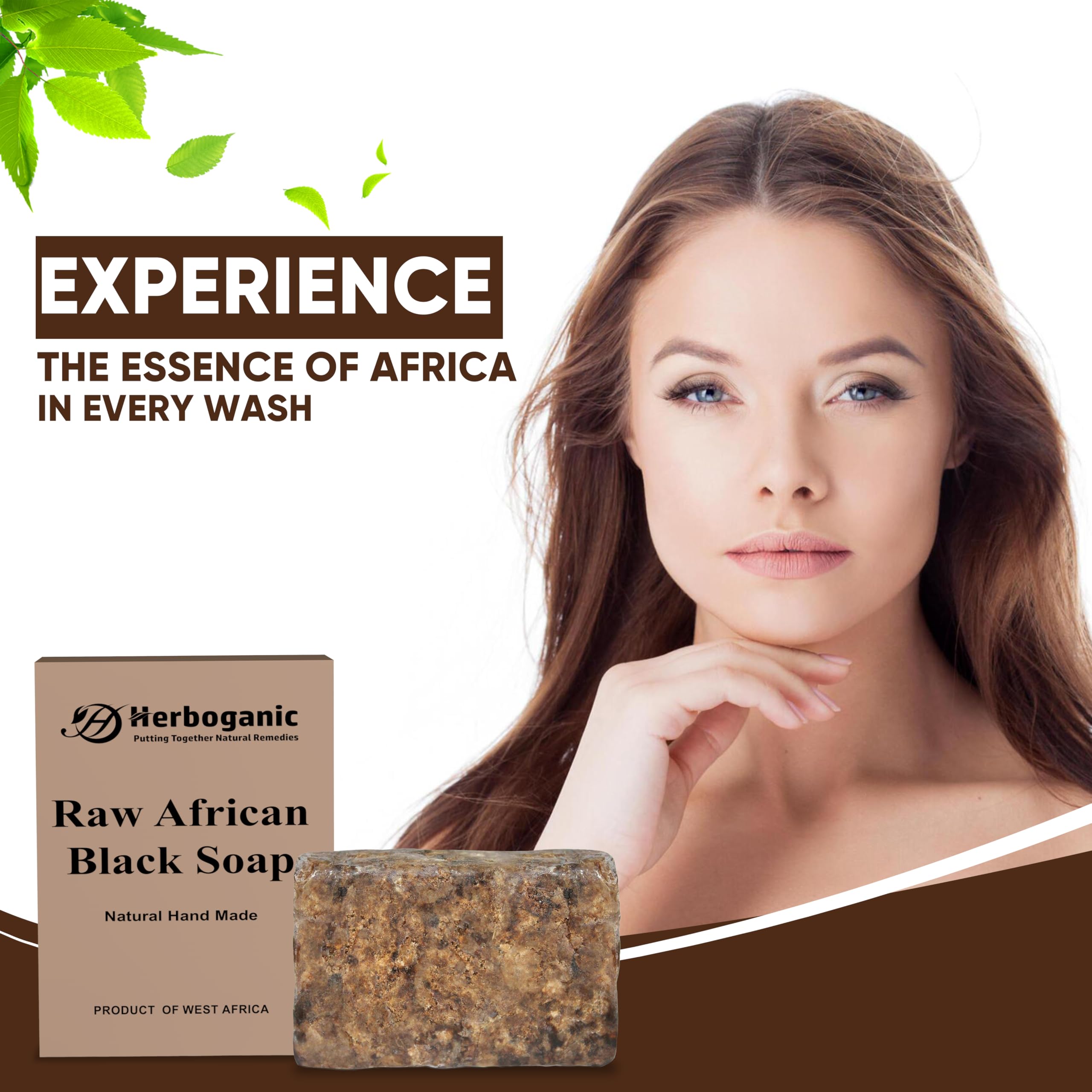 HERBOGANIC Raw African Black Soap Bar - 6 oz - 100% Pure and Organic | Natural Black African Soap bar for acne, Eczema, blackhea