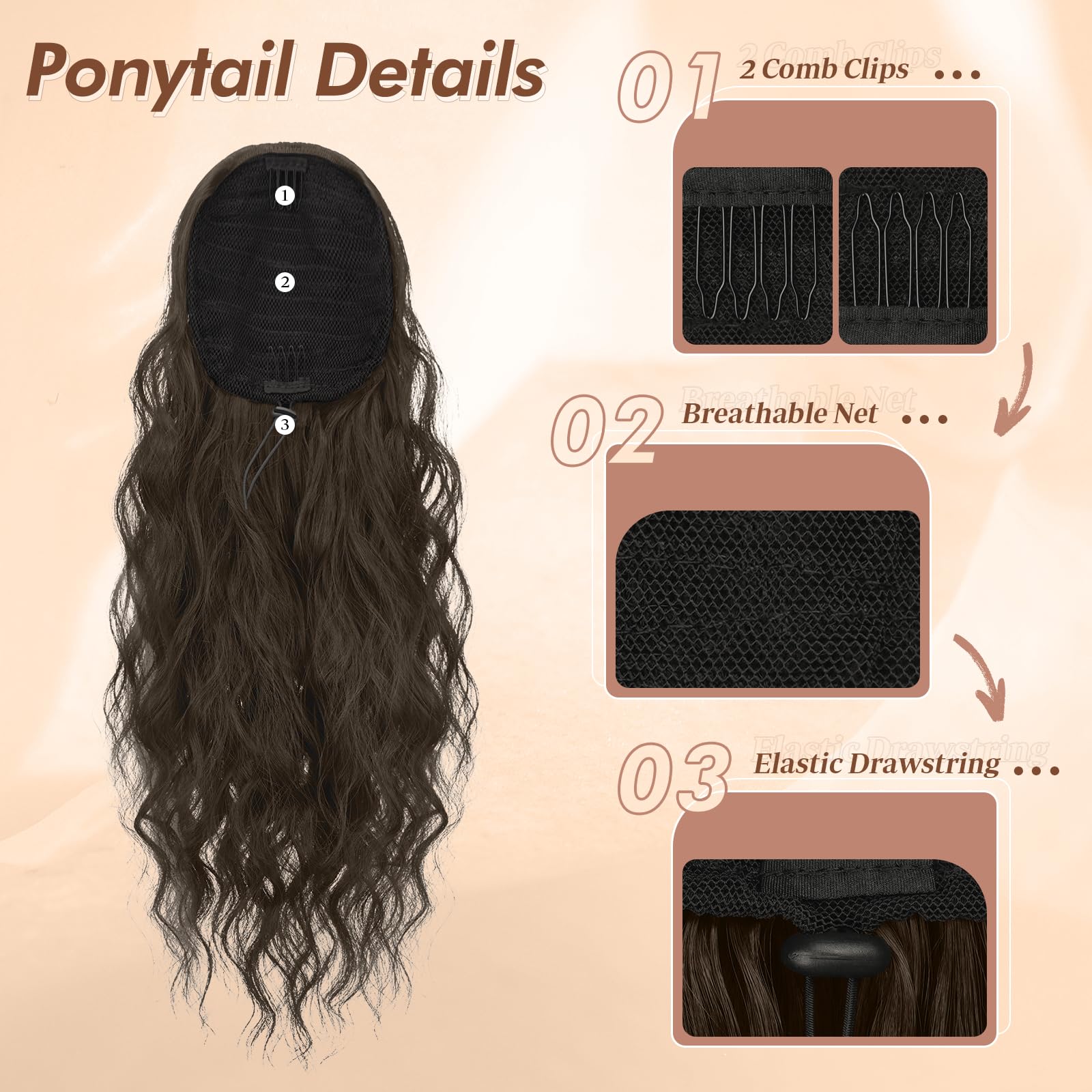 FESHFEN Ponytail Extensions, Long Curly Wavy Drawstring Ponytails Fluffy Clip in Pony Tail Hair Piece Synthetic Hairpieces for W