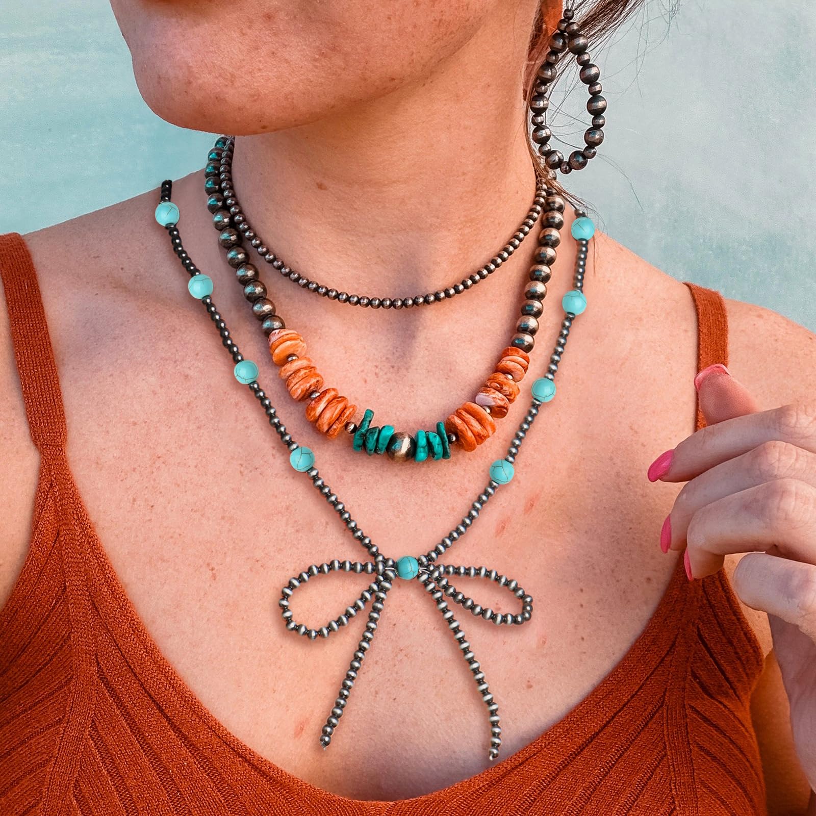 Navajo Pearl Bow Necklace Western Jewelry for Women Cowgirl Turquoise Necklaces Jewelry (11)