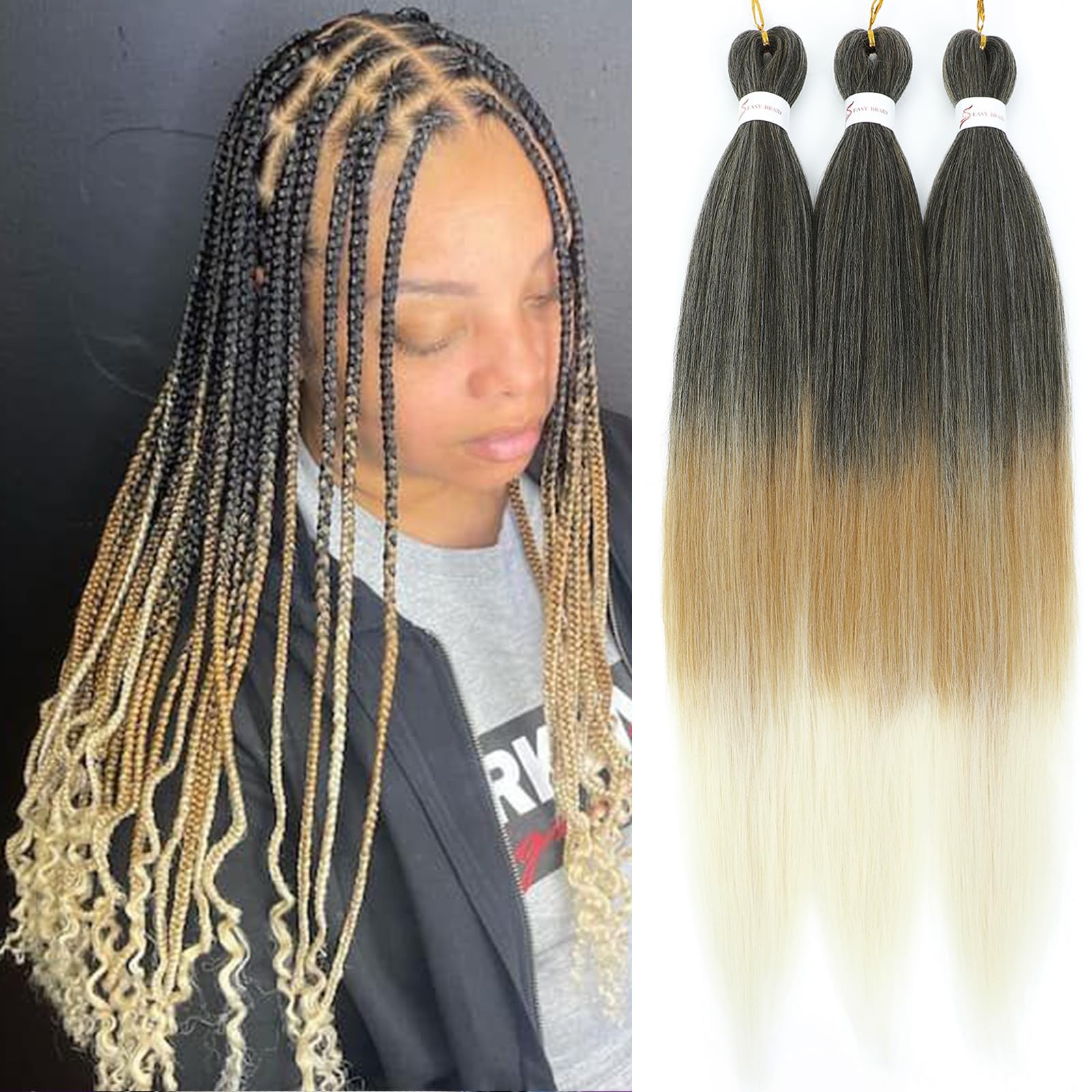 Royota 1B/27/613 Pre Stretched Braiding Hair 3 Packs 26 Inch Low Temperature Synthetic Fiber Colored Yaki Crochet Hair Ombre EZ 