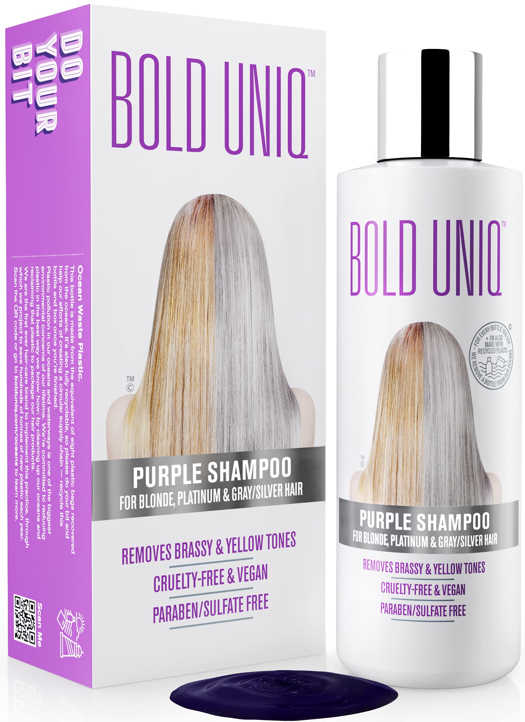Bold Uniq Purple Shampoo - Remove Yellow Tones & Condition Damaged Hair - For Blonde, Silver or Grey Hair - Paraben & Sulfate Fr