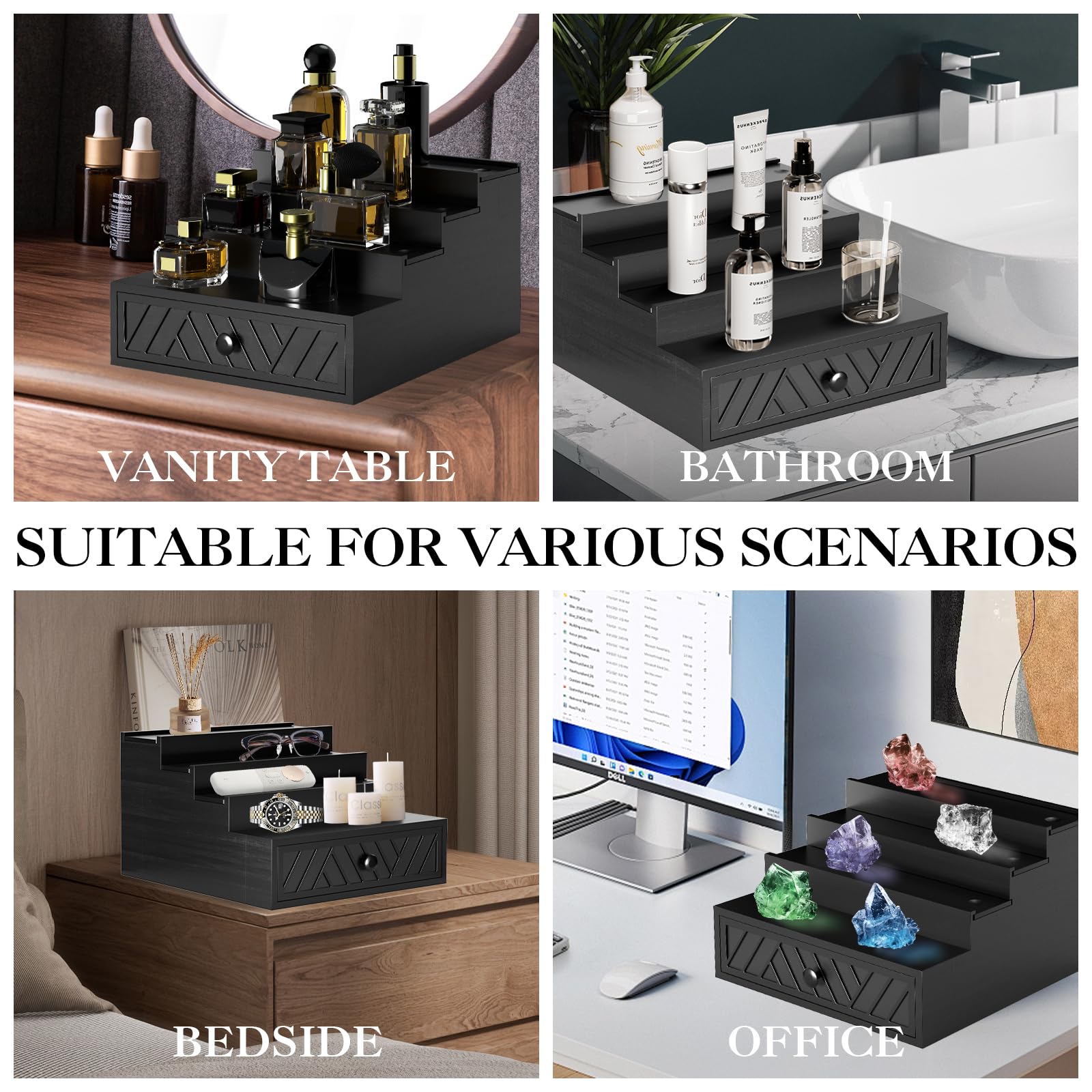 Y&ME YM Cologne Organizer for Men, 4-Tier Wood Perfume Holder with Felt Lining, Black, Model Y&ME YM