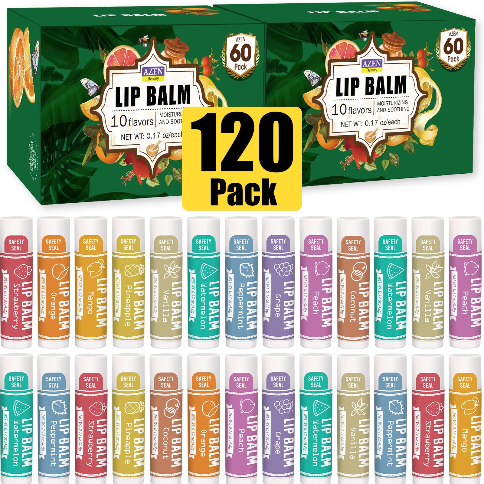 AZEN 120 Pack Lip Balm, Natural Lip Balm Bulk, Lip Care Product, Christmas Stocking Stuffers, Christmas Gifts for Women Girls - 