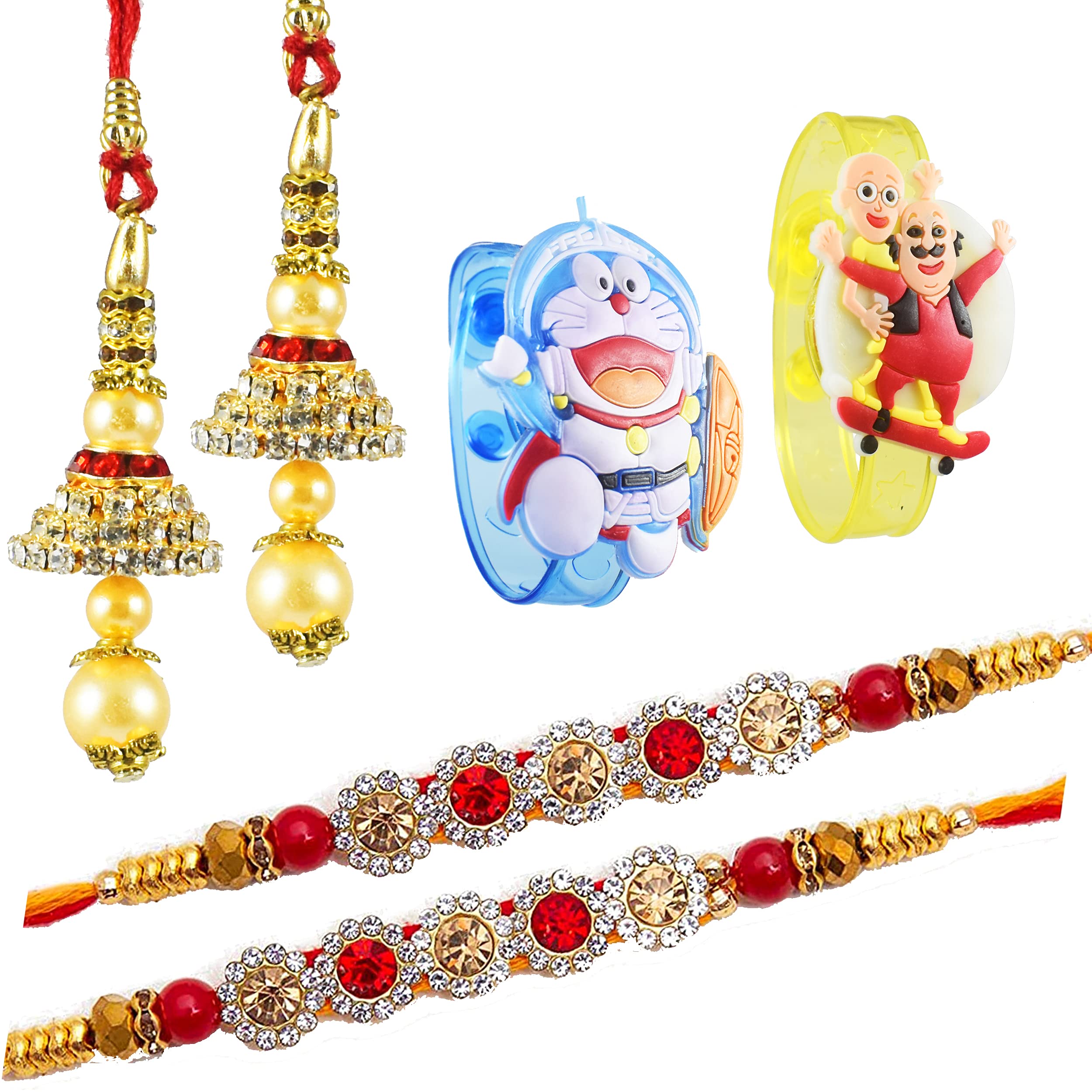 Urvi Creations 2 Pcs Red Stone Rakhi With Beautiful Latest Diamond Bhabhi Bangle Lumba And 2 Kids Light Up Rakhi For Brother Bha