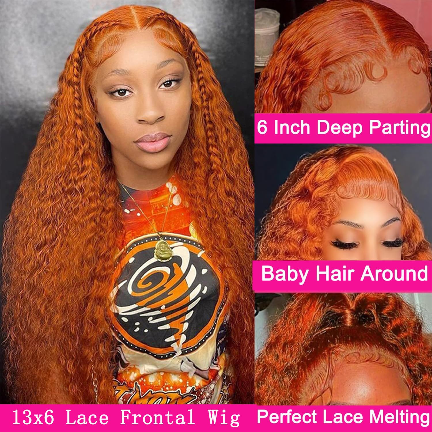 30 Inch Human Hair Lace Front Wig - Deep Wave, Curly & Wavy Styles - 13x6 Density - Orange Ginger Color