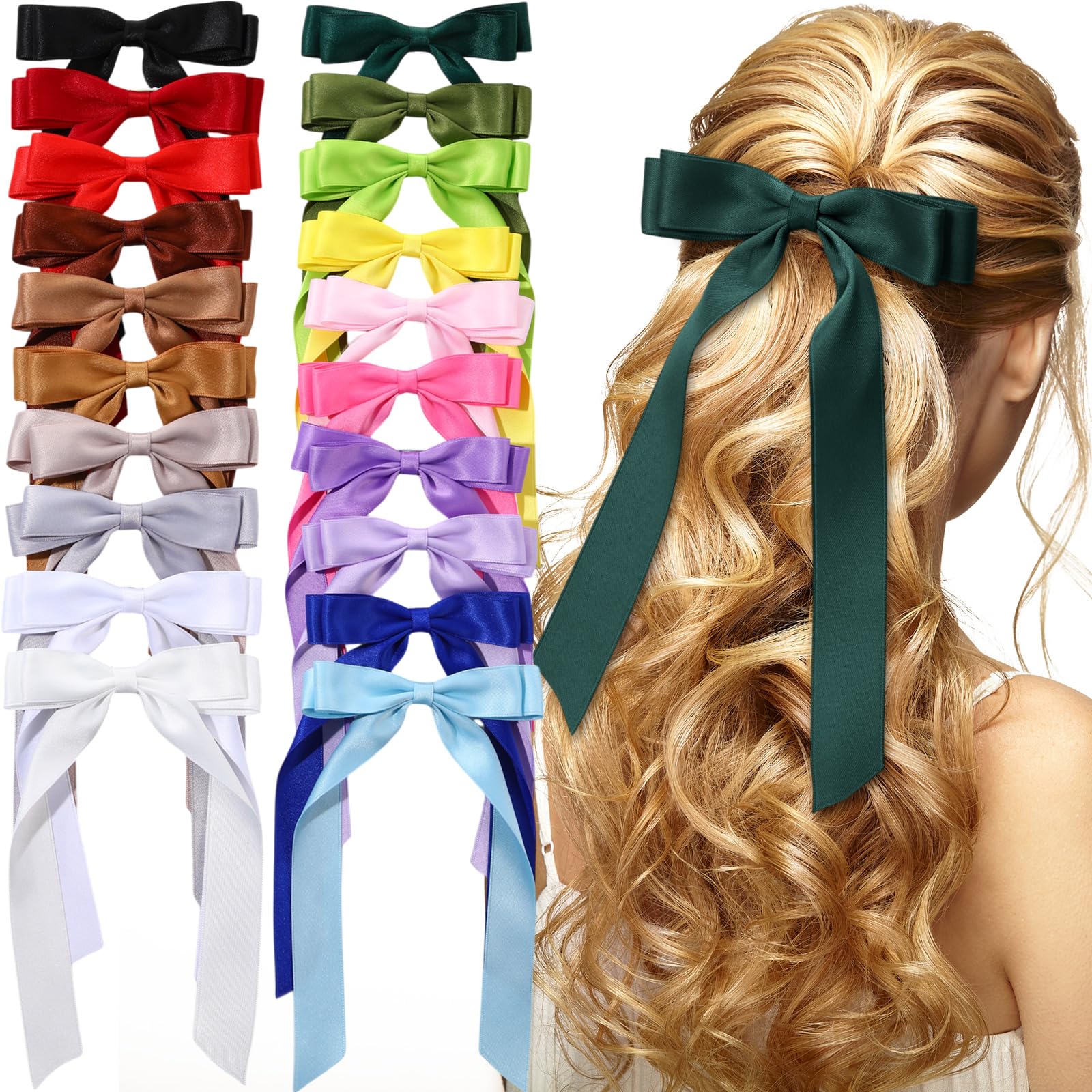 Mimorou 20 Pcs Silky Satin Hair Bows Bulk Hair Clip Hair Ribbon Ponytail Holder Accessories Slides Metal Clips French Hair Barre