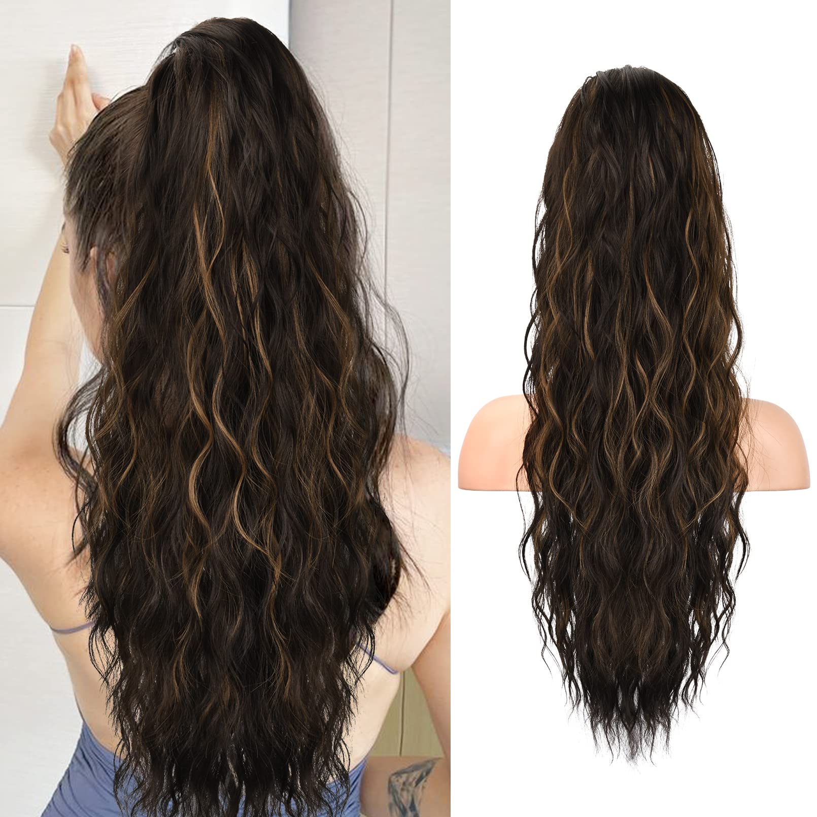 HOOJIH Ponytail Extension, Drawstring Ponytail Hair Extensions 26 Inch Long Curly Wavy Ponytail Natural Wavy Synthetic Hairpiece